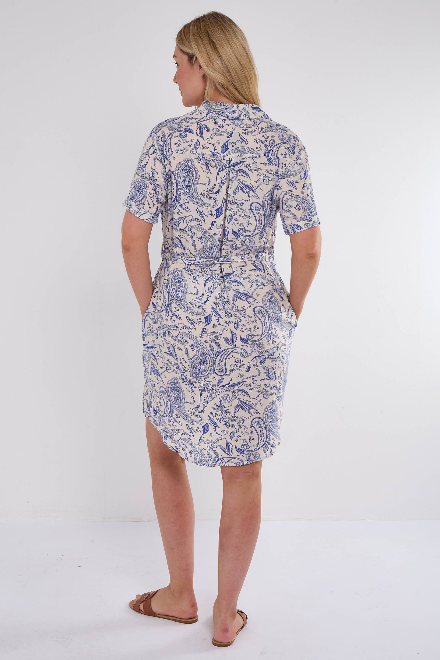 Blue Paisley Print Short Sleeve Mini Shirt Dress