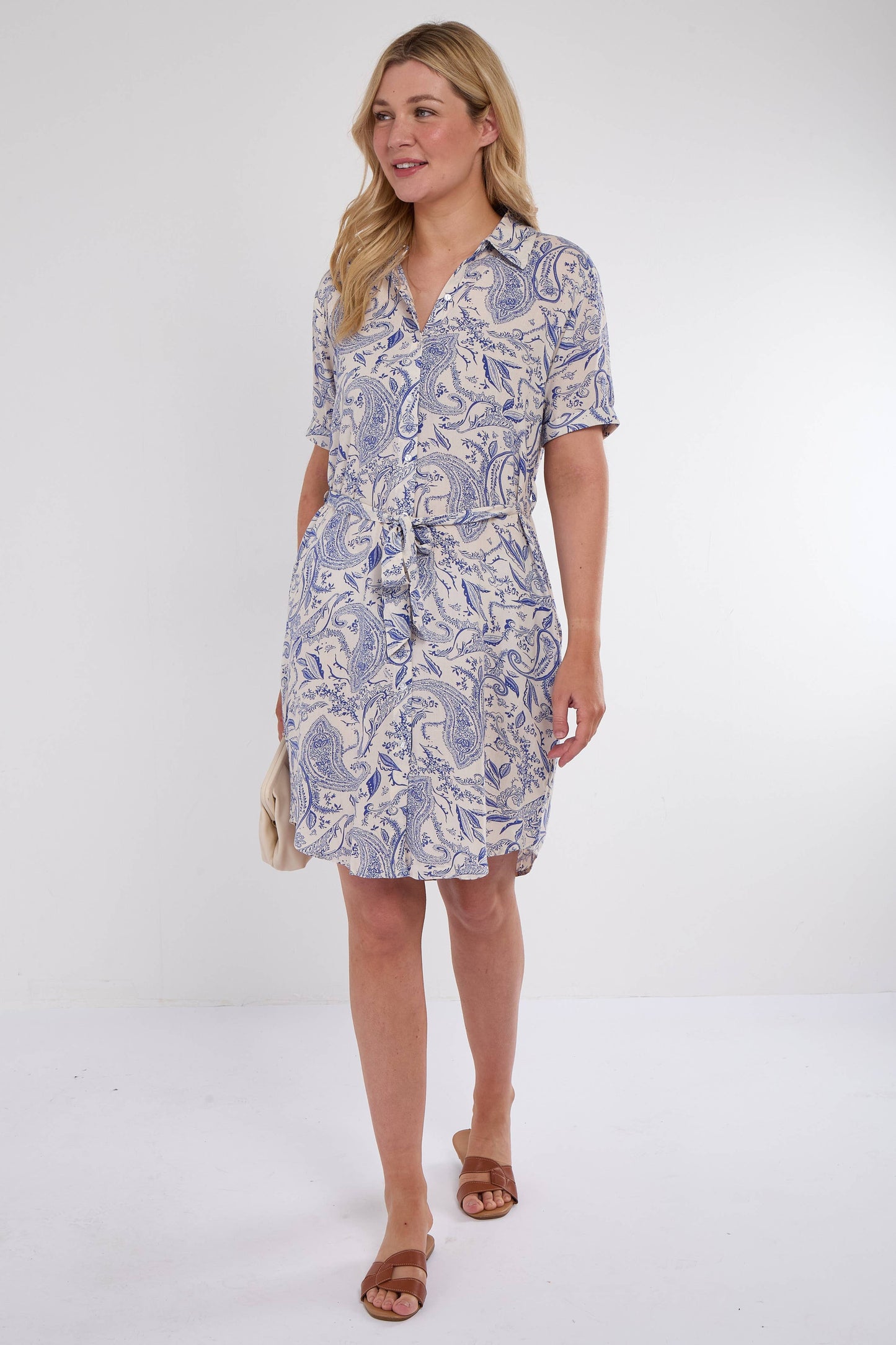 Blue Paisley Print Short Sleeve Mini Shirt Dress