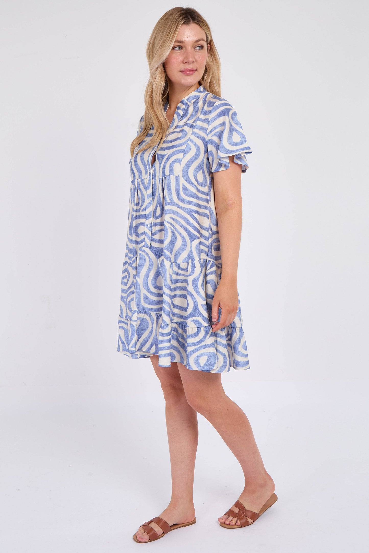 Blue Twirl Print Short Sleeve Flared Mini Dress