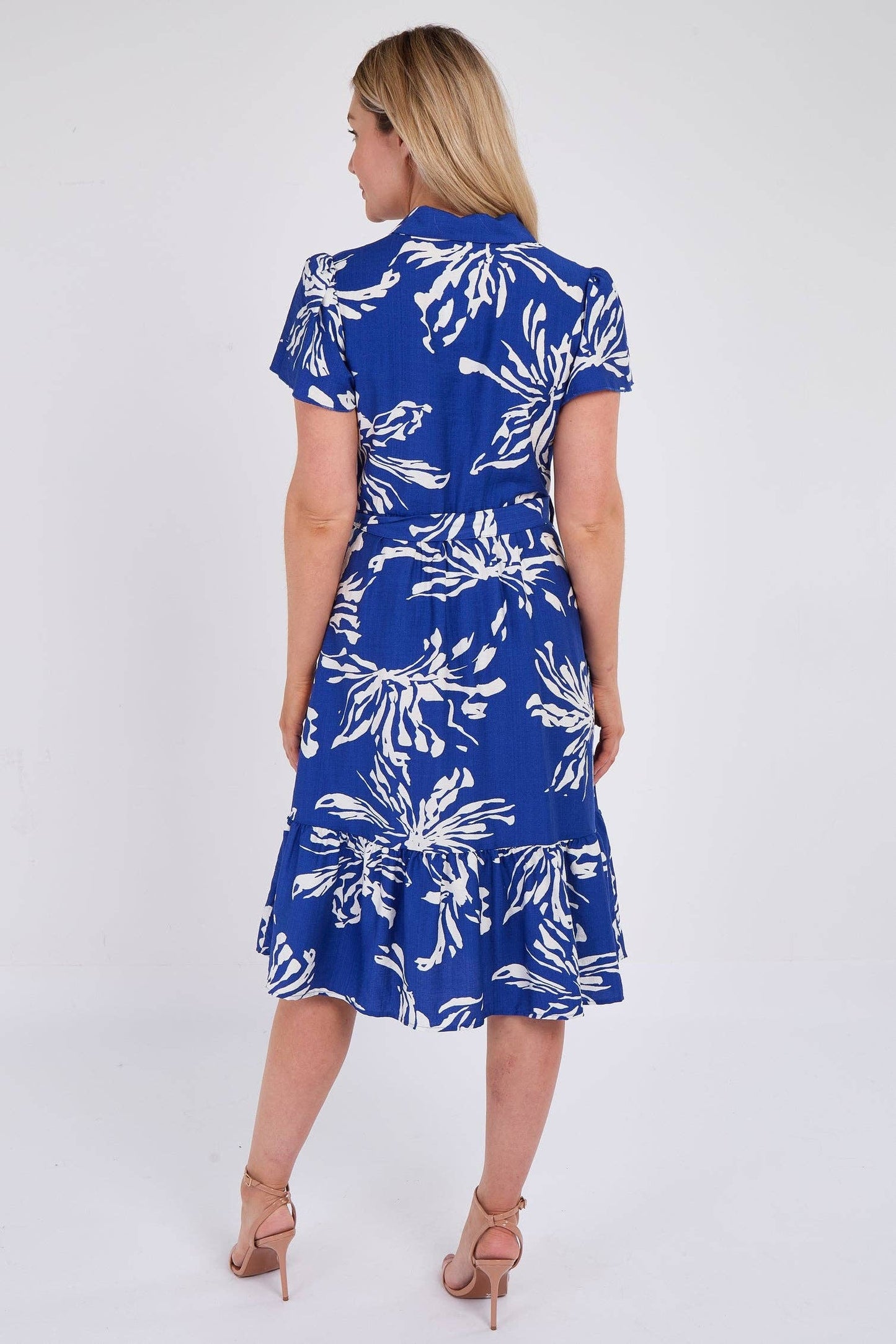 Cobalt Floral Print Frilled Hem Midi Dress