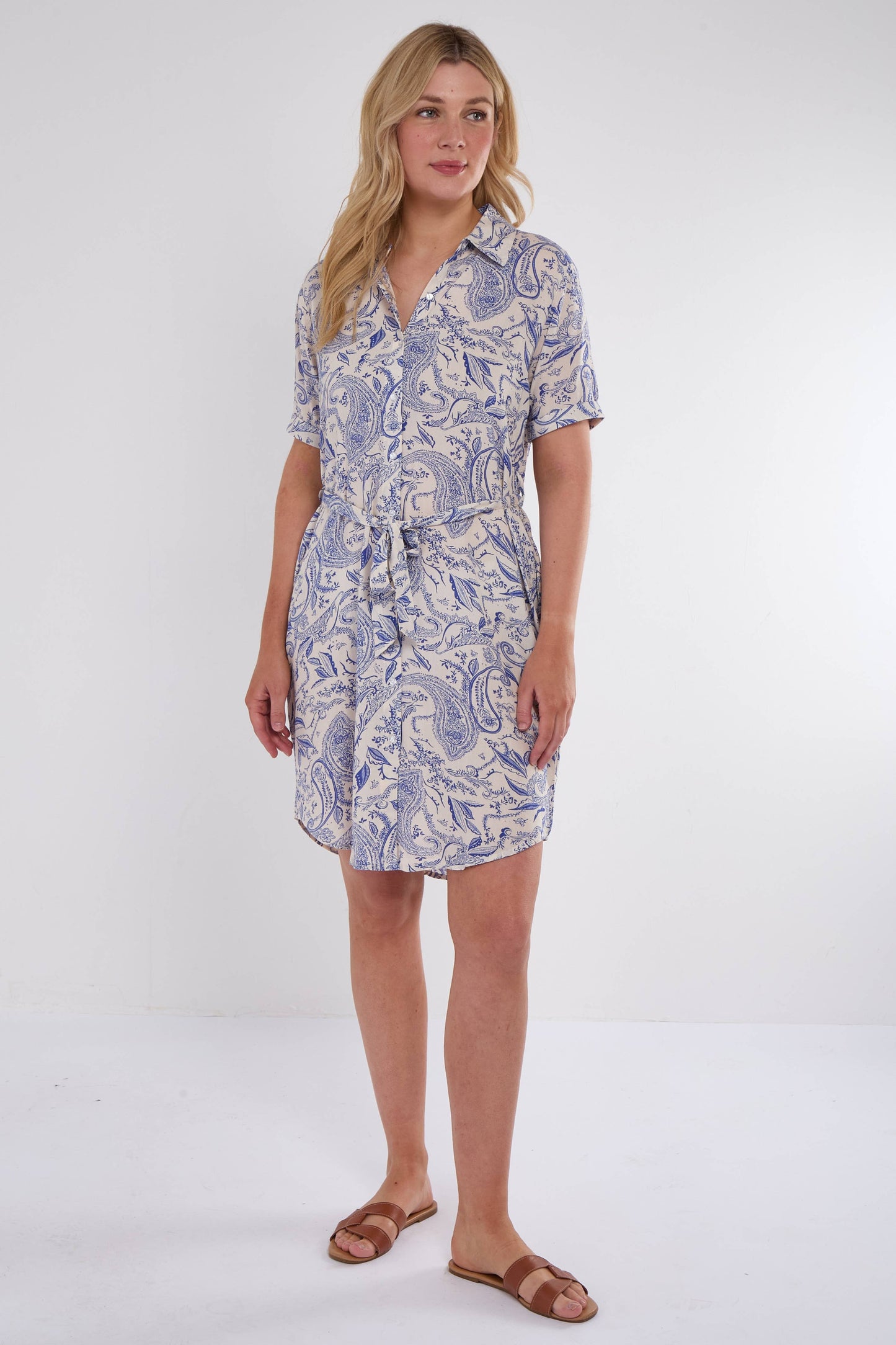 Blue Paisley Print Short Sleeve Mini Shirt Dress