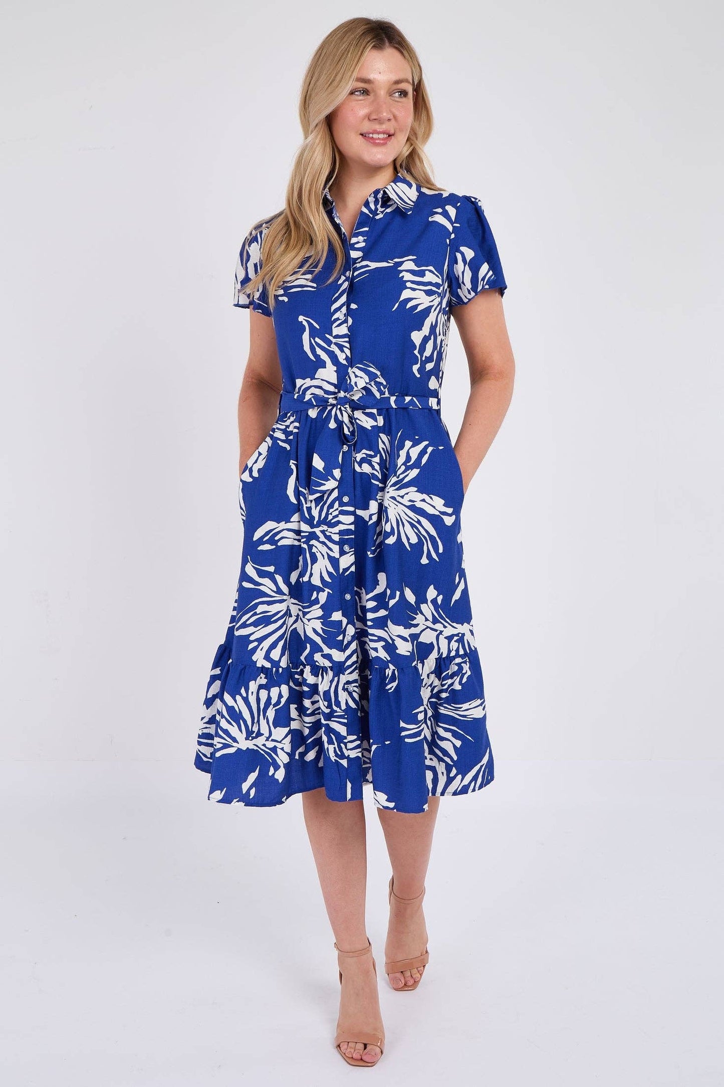 Cobalt Floral Print Frilled Hem Midi Dress