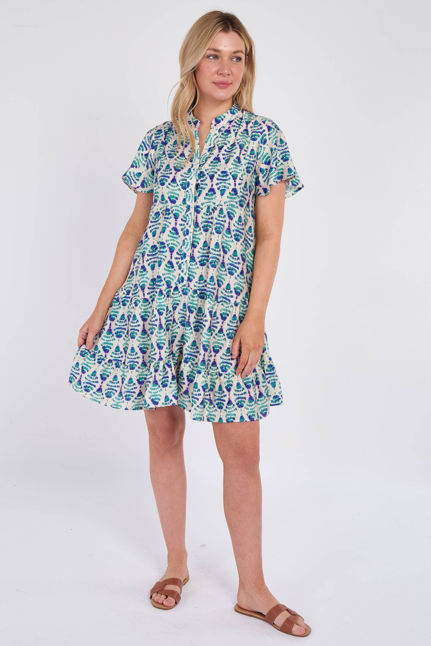 Teal Patterned Print Ruffle Hem Mini Dress