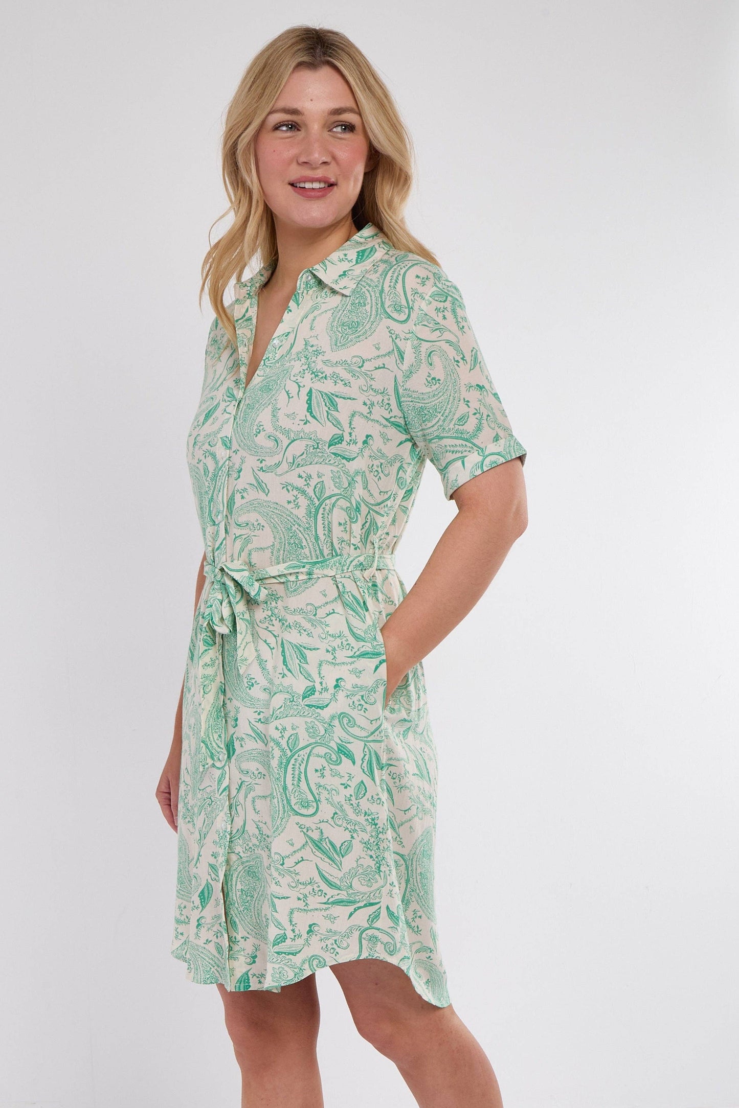 Green Paisley Print Short Sleeve Mini Shirt Dress