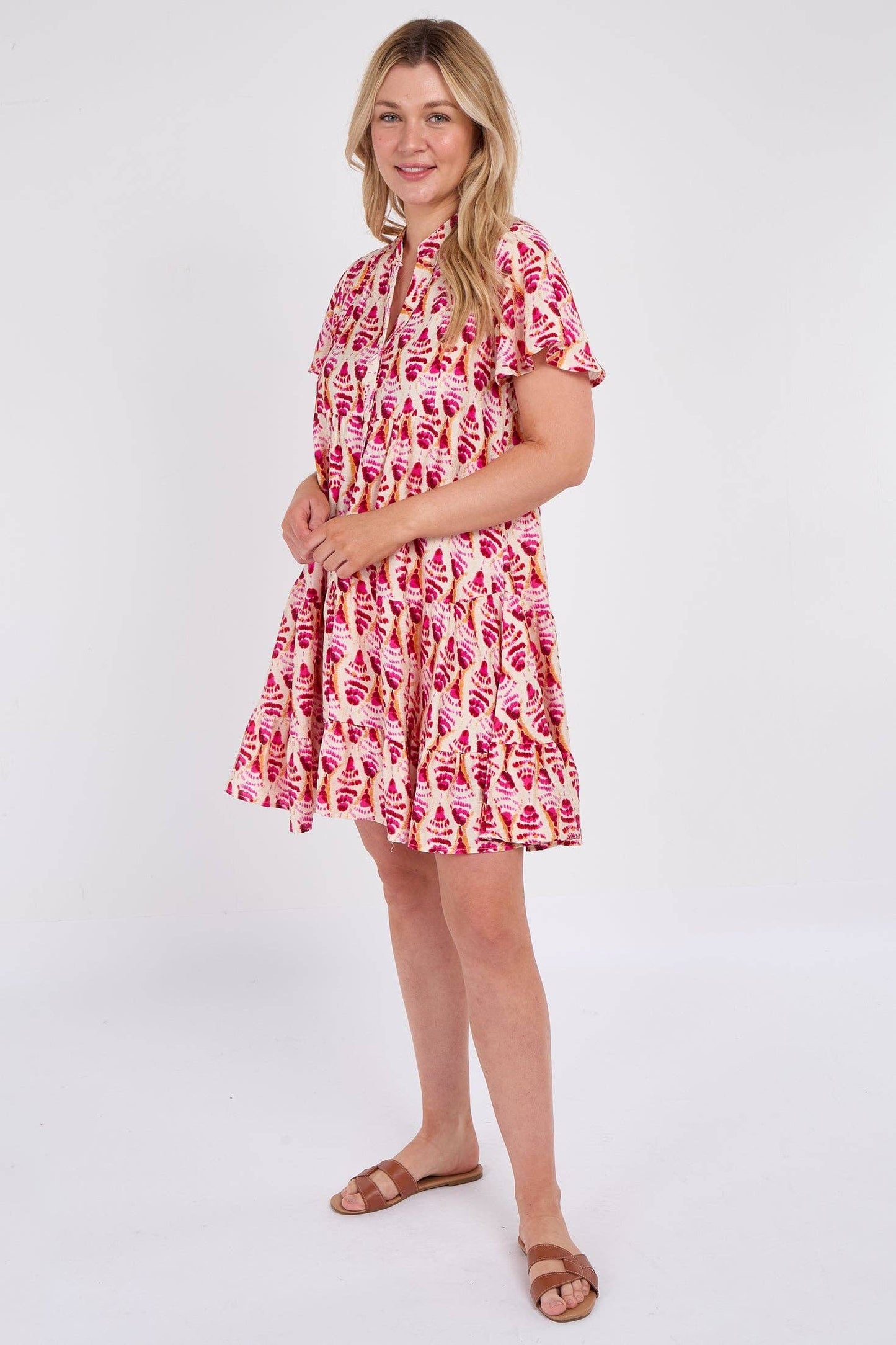 Pink Patterned Print Ruffle Hem Mini Dress