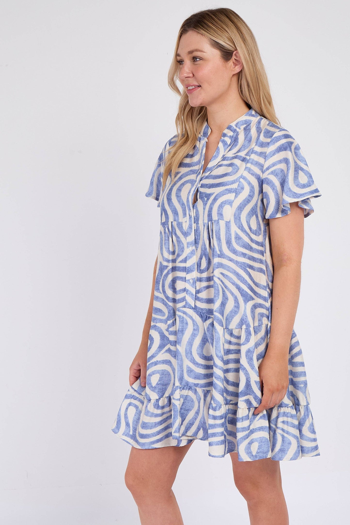 Blue Twirl Print Short Sleeve Flared Mini Dress