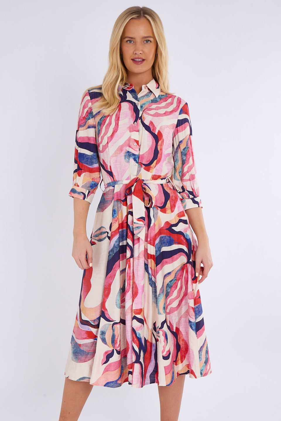 Pink & Navy Pattern Print Midi Shirt Dress