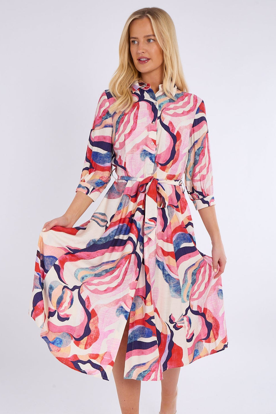 Pink & Navy Pattern Print Midi Shirt Dress