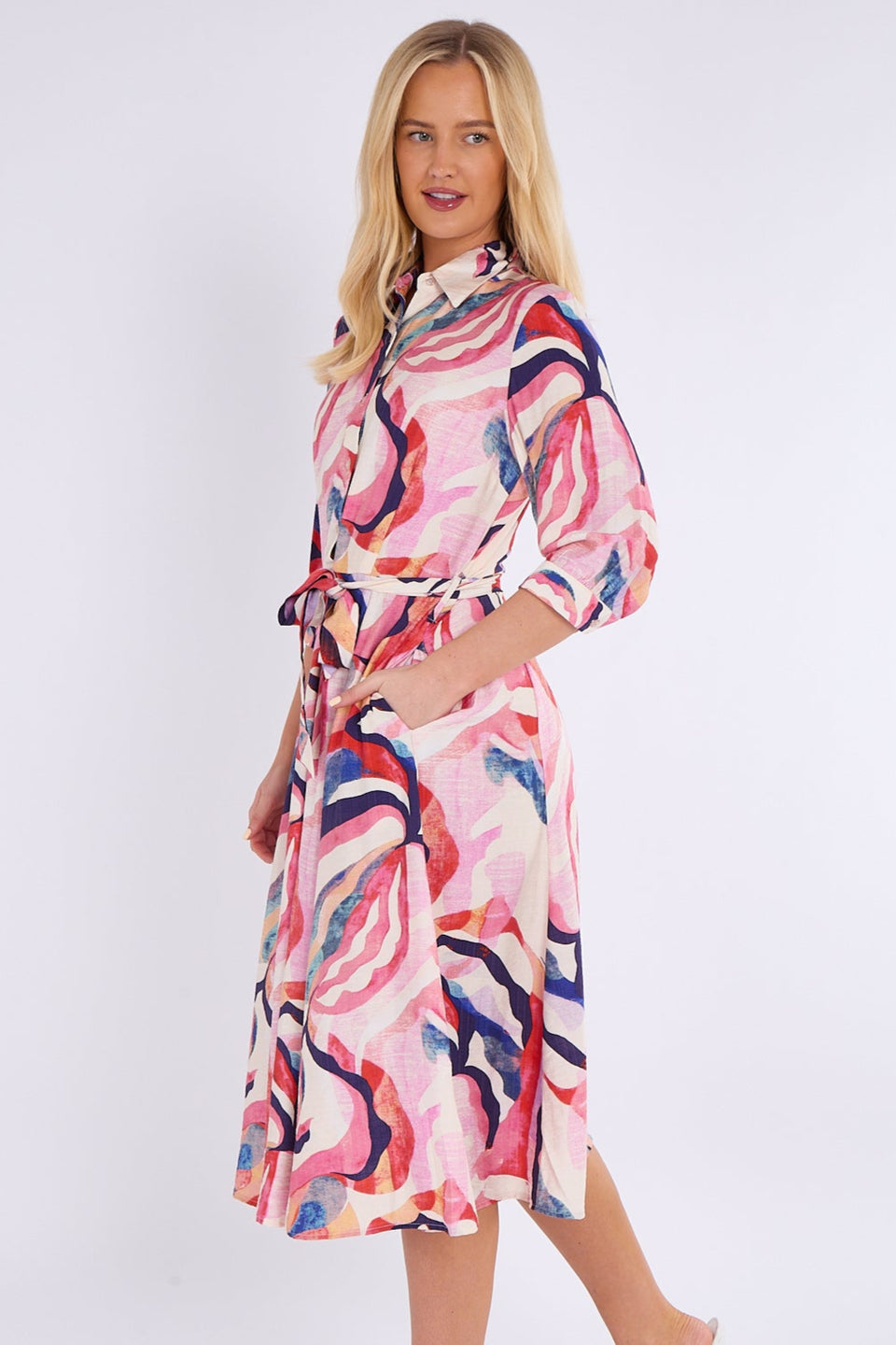Pink & Navy Pattern Print Midi Shirt Dress