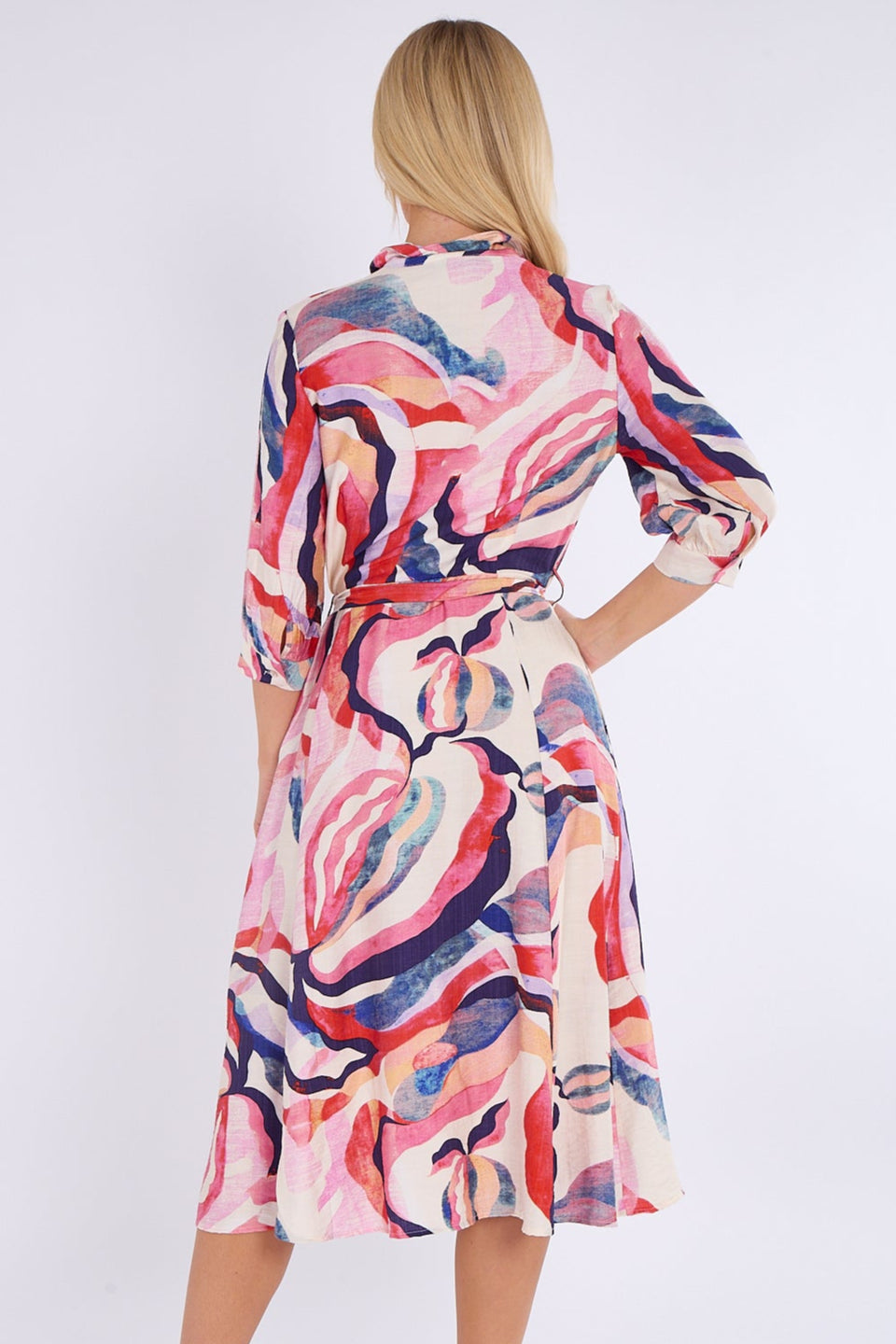 Pink & Navy Pattern Print Midi Shirt Dress