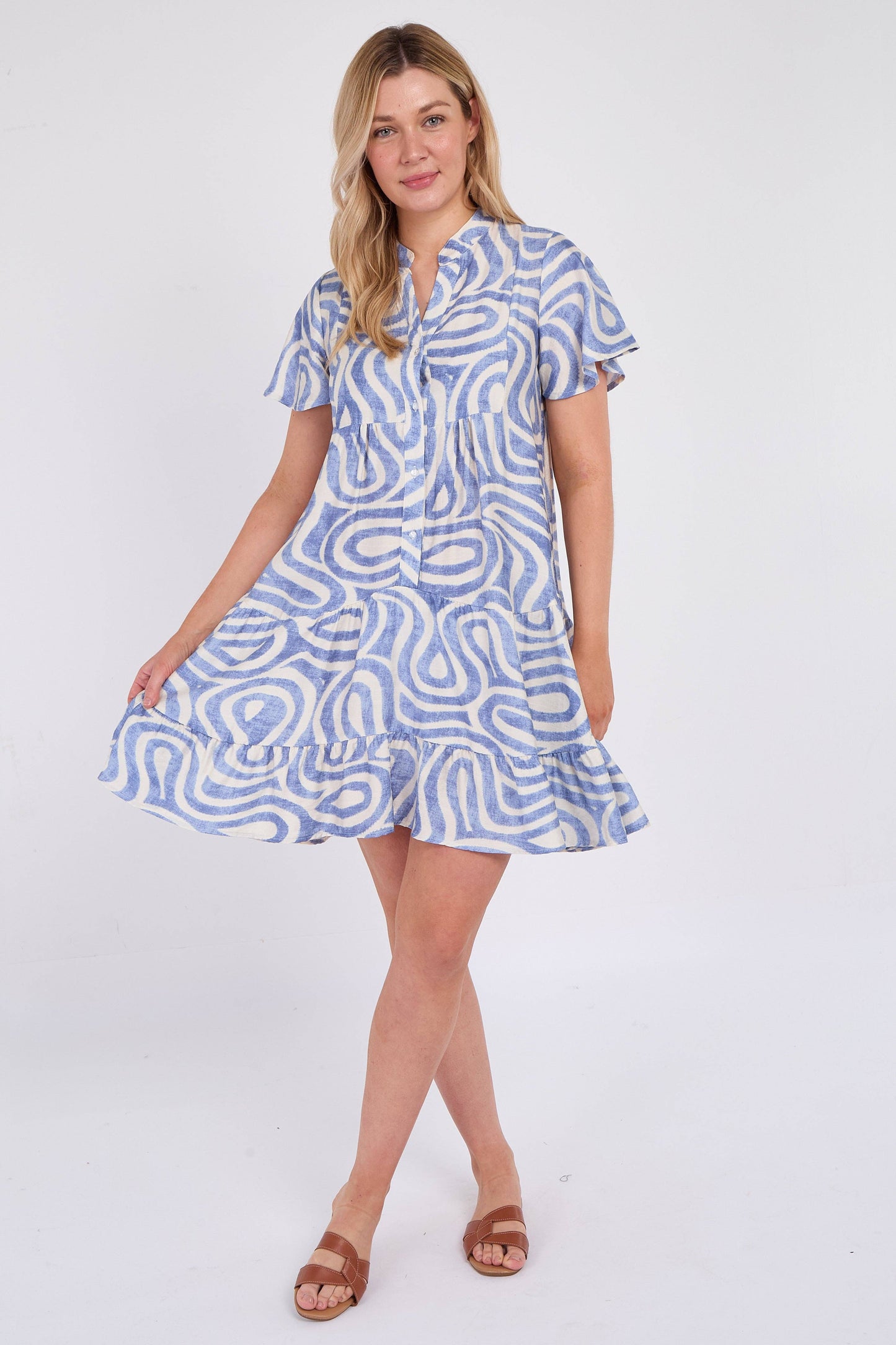 Blue Twirl Print Short Sleeve Flared Mini Dress