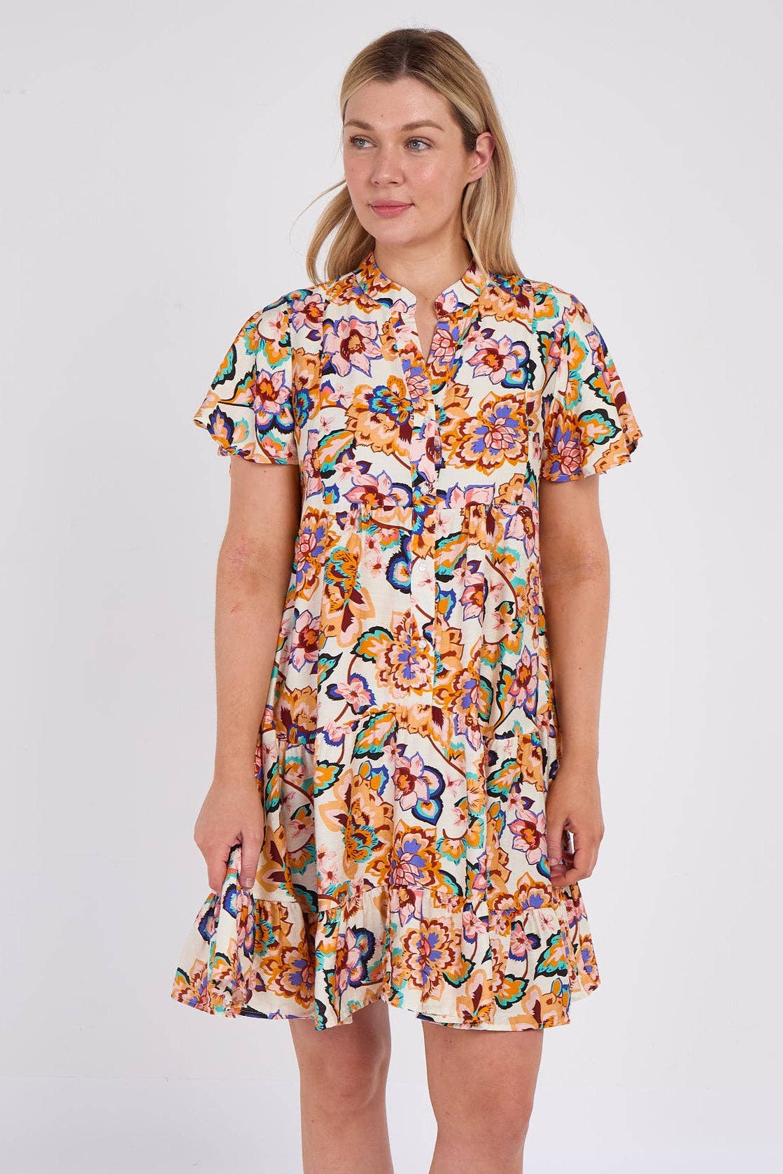 White Bloom Print Ruffle Hem Mini Shirt Dress