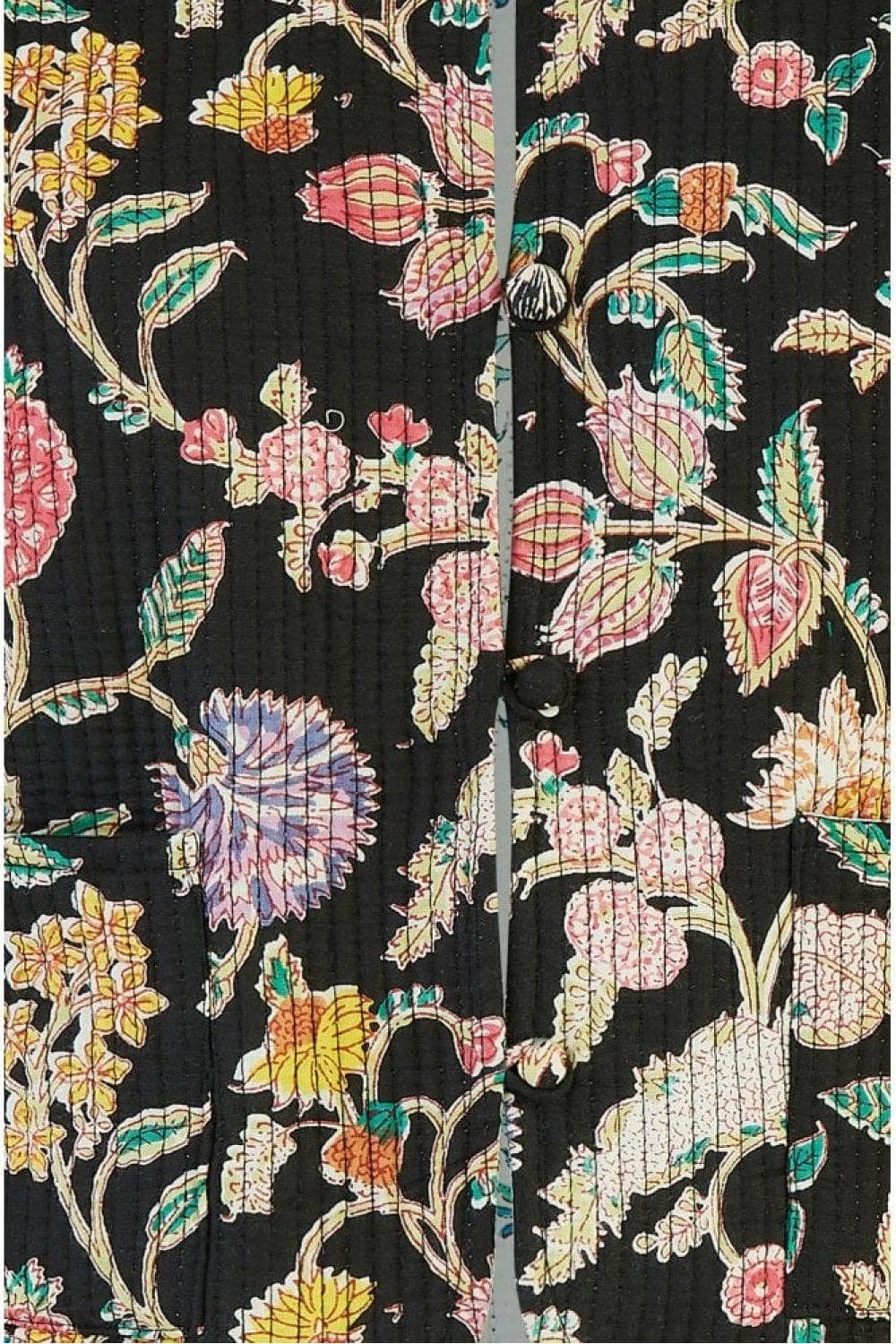 Yumi Black Floral Print Reversible Cotton Quilted Jacket