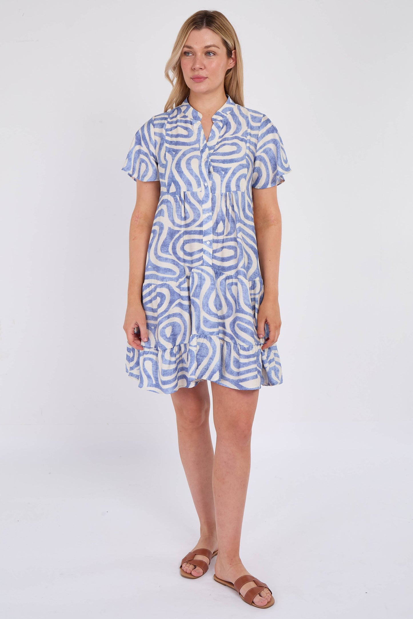 Blue Twirl Print Short Sleeve Flared Mini Dress