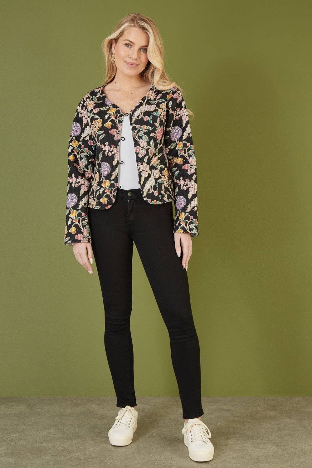 Yumi Black Floral Print Reversible Cotton Quilted Jacket