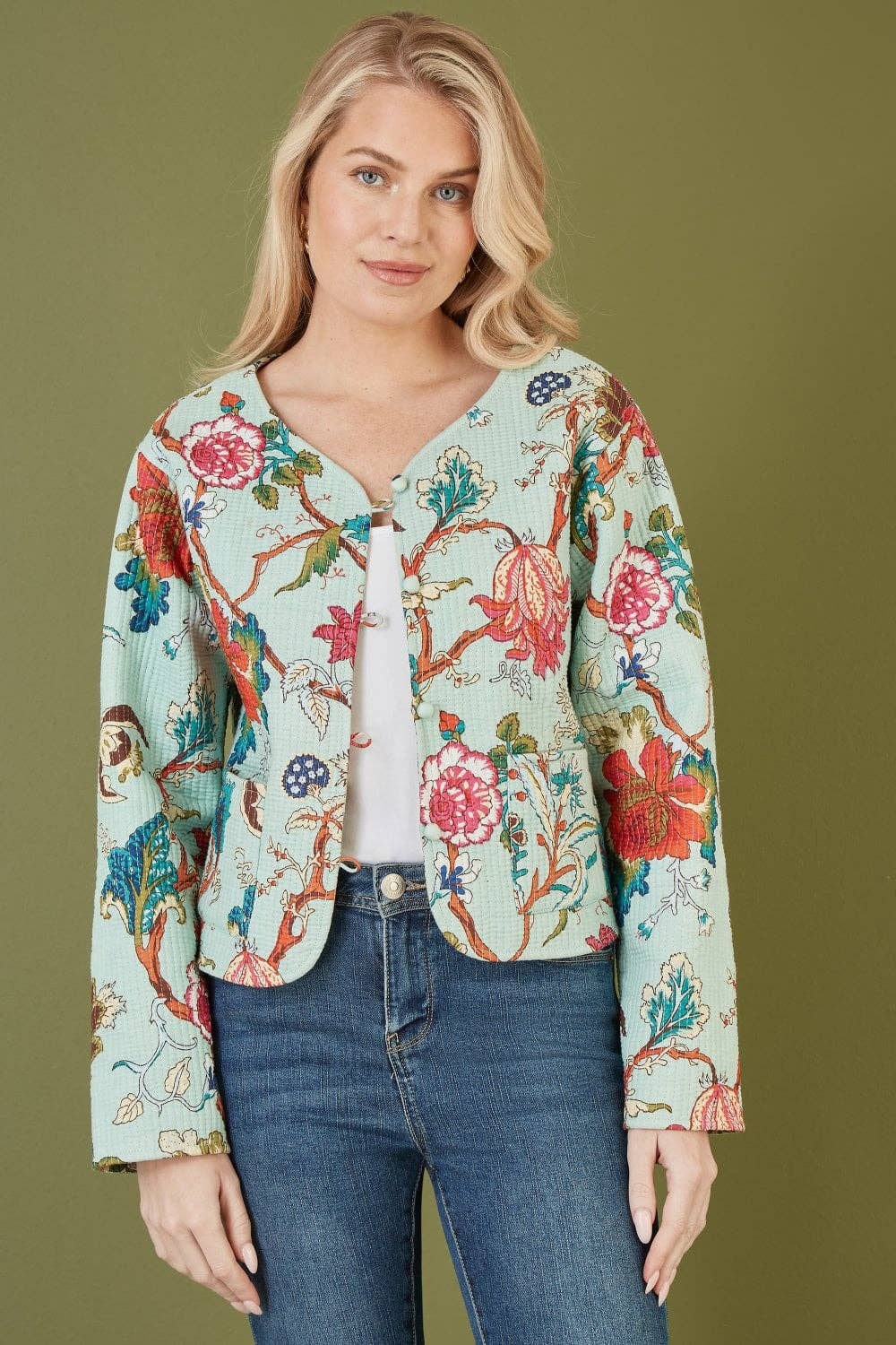 Yumi Antique Floral Print Reversible Cotton Cropped Quilted Jacket