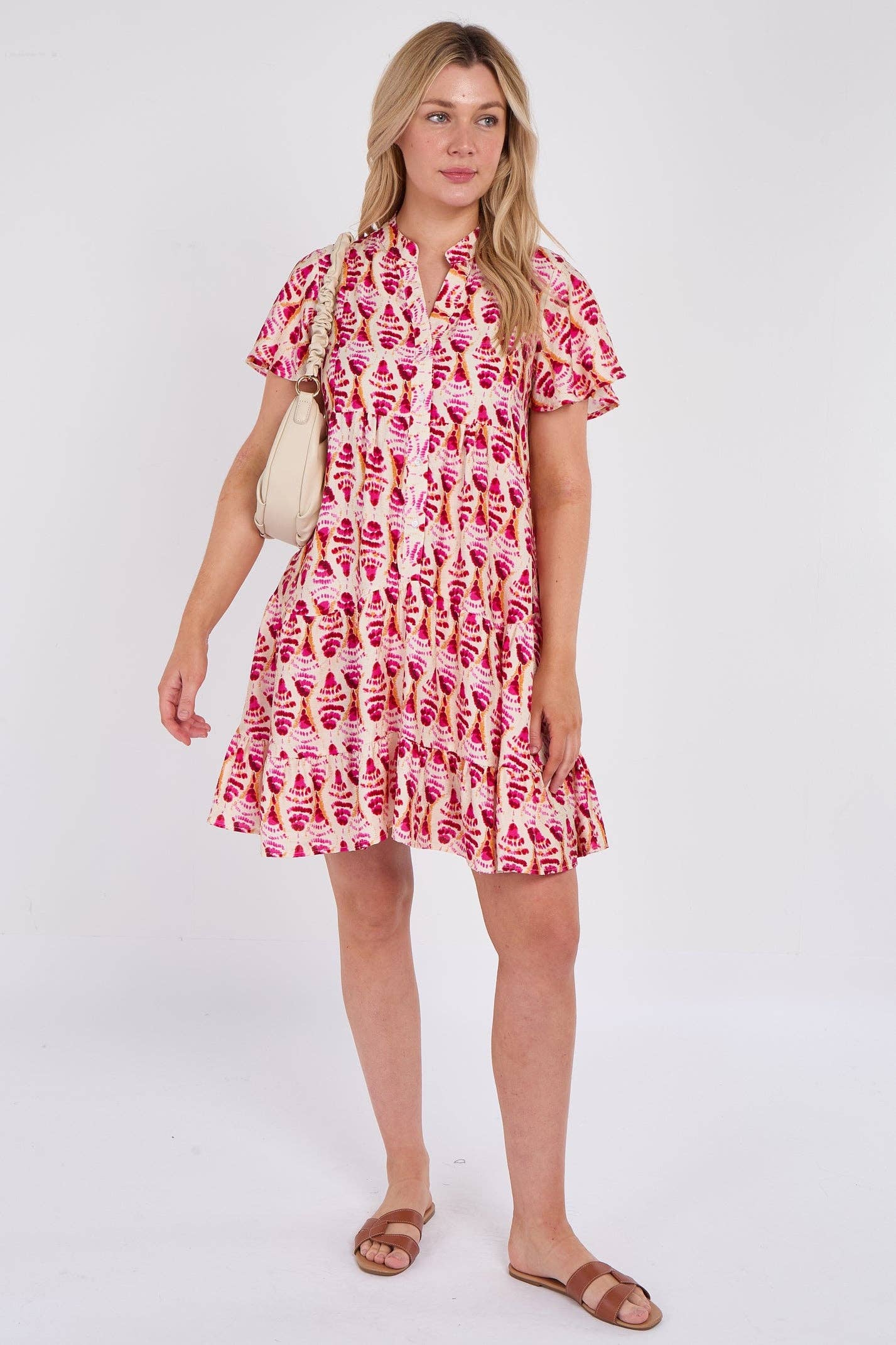 Pink Patterned Print Ruffle Hem Mini Dress