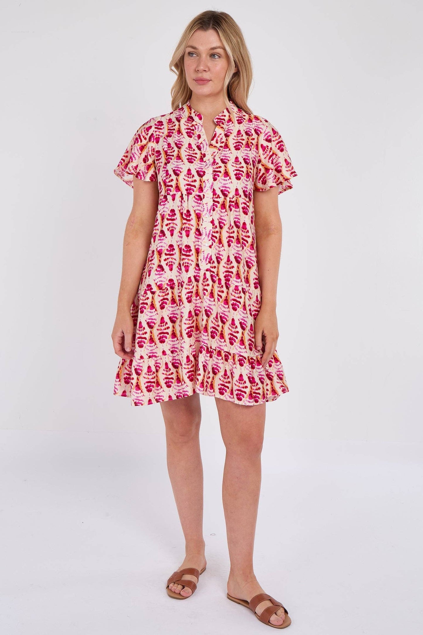 Pink Patterned Print Ruffle Hem Mini Dress