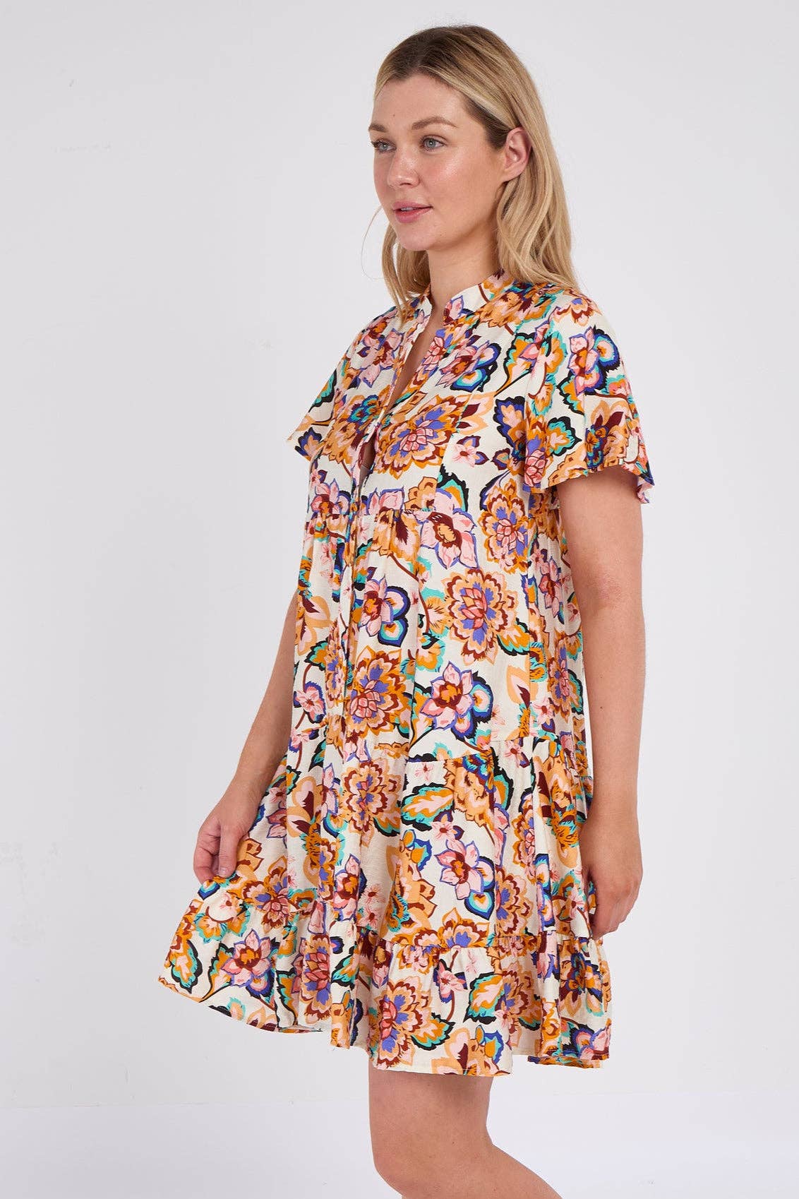 White Bloom Print Ruffle Hem Mini Shirt Dress