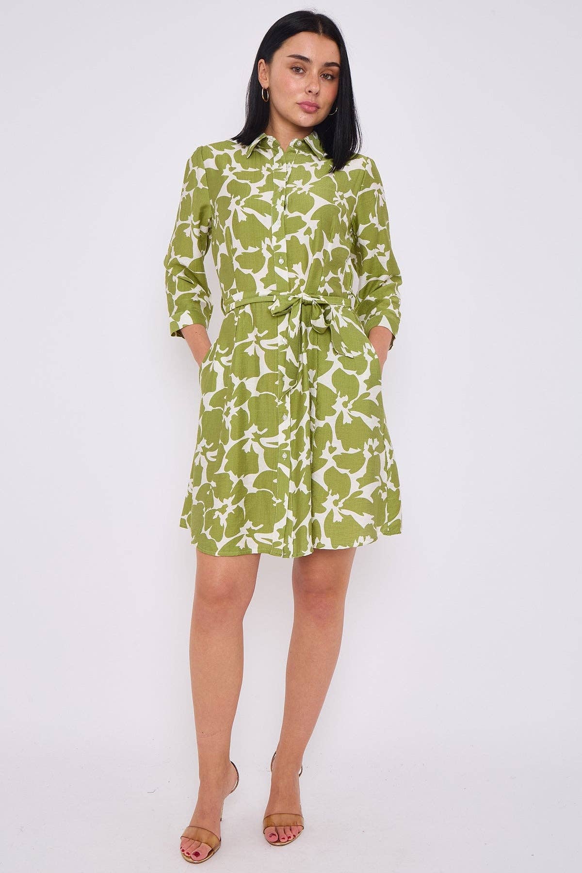 Olive Floral Print Belted Mini Shirt Dress