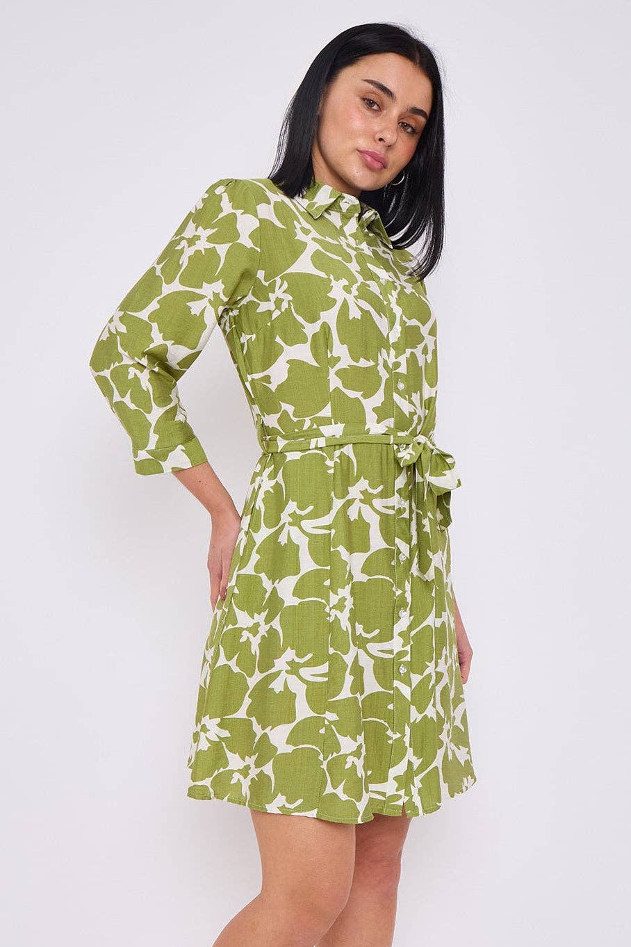 Olive Floral Print Belted Mini Shirt Dress