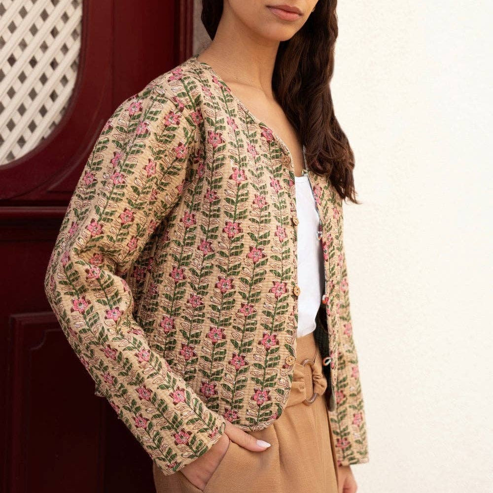 Yumi Antique Floral Print Reversible Cotton Cropped Quilted Jacket