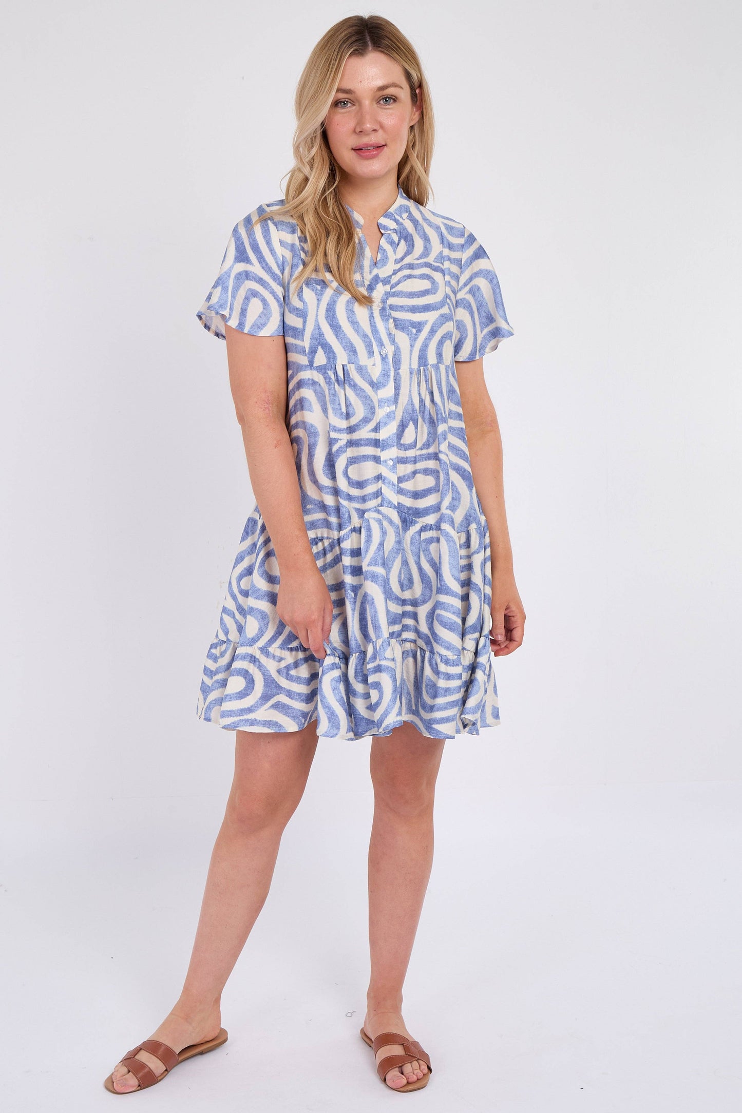 Blue Twirl Print Short Sleeve Flared Mini Dress