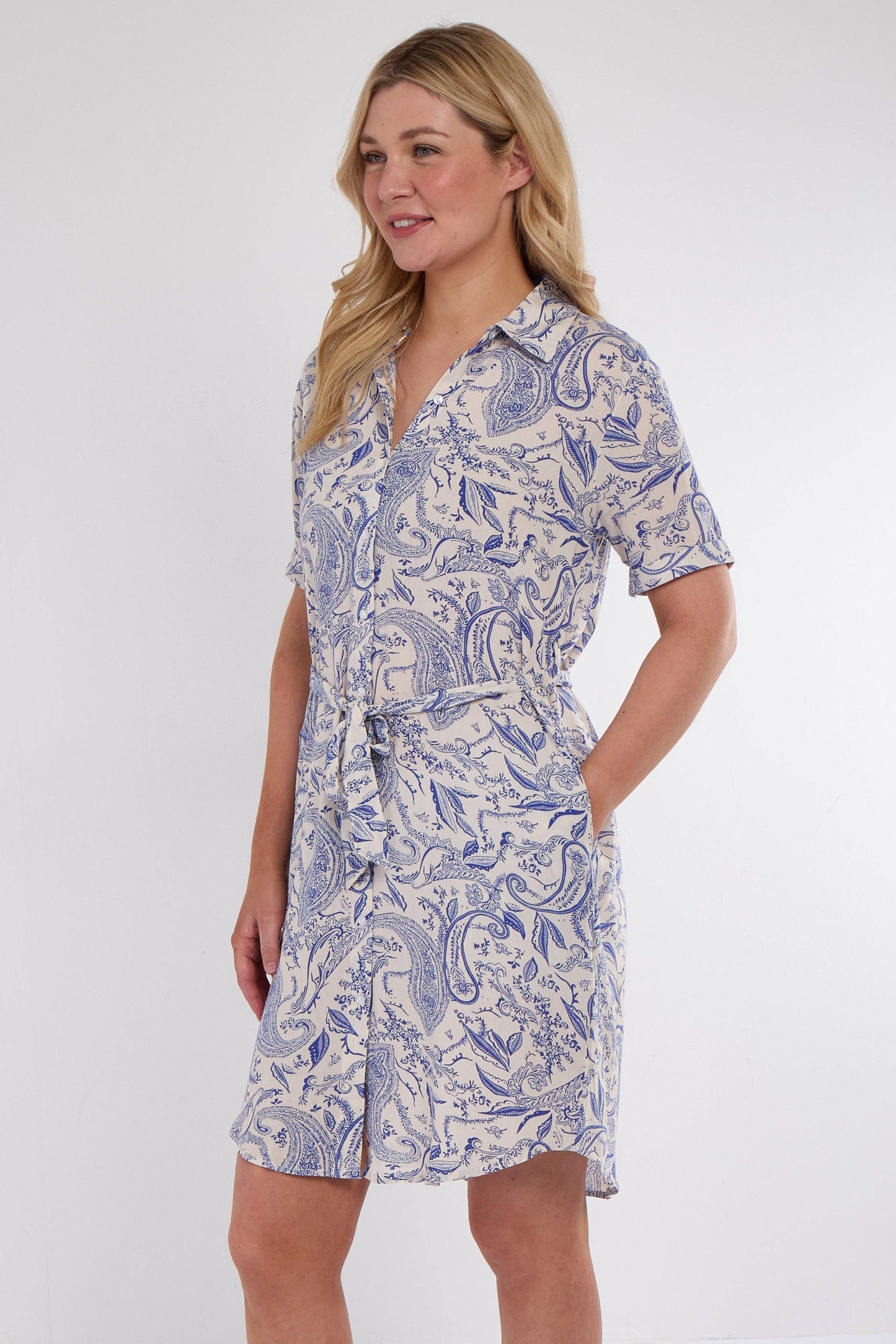 Blue Paisley Print Short Sleeve Mini Shirt Dress