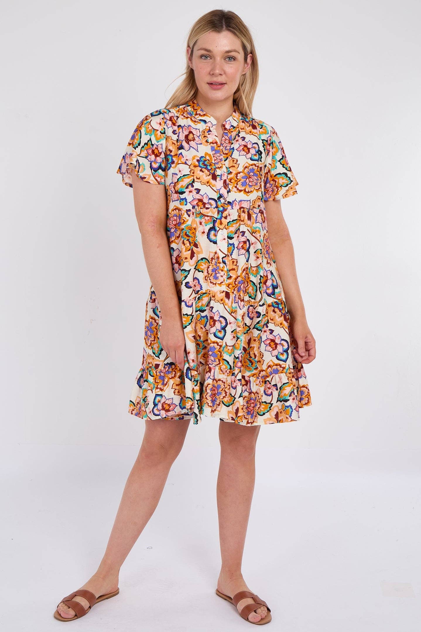 White Bloom Print Ruffle Hem Mini Shirt Dress