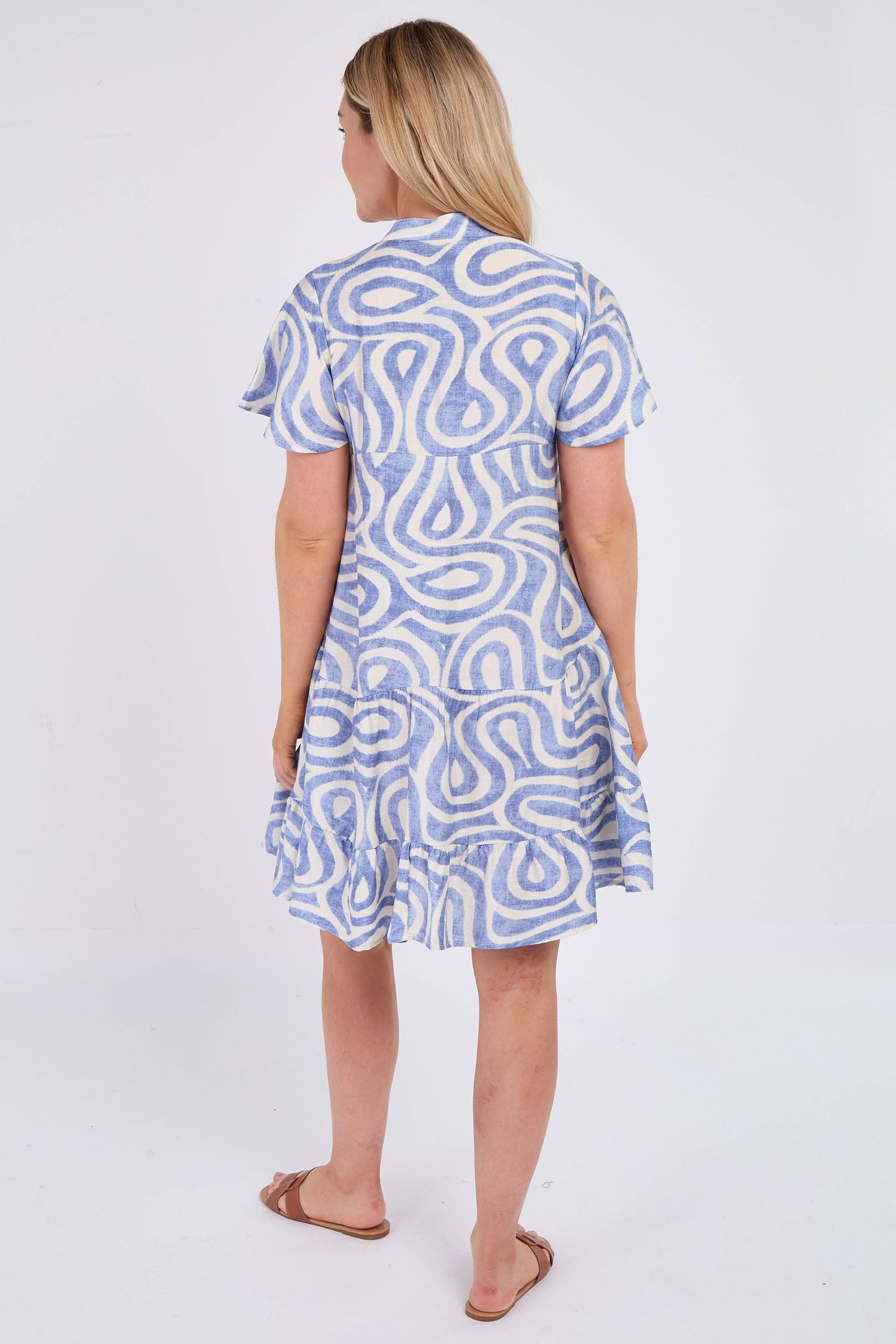 Blue Twirl Print Short Sleeve Flared Mini Dress