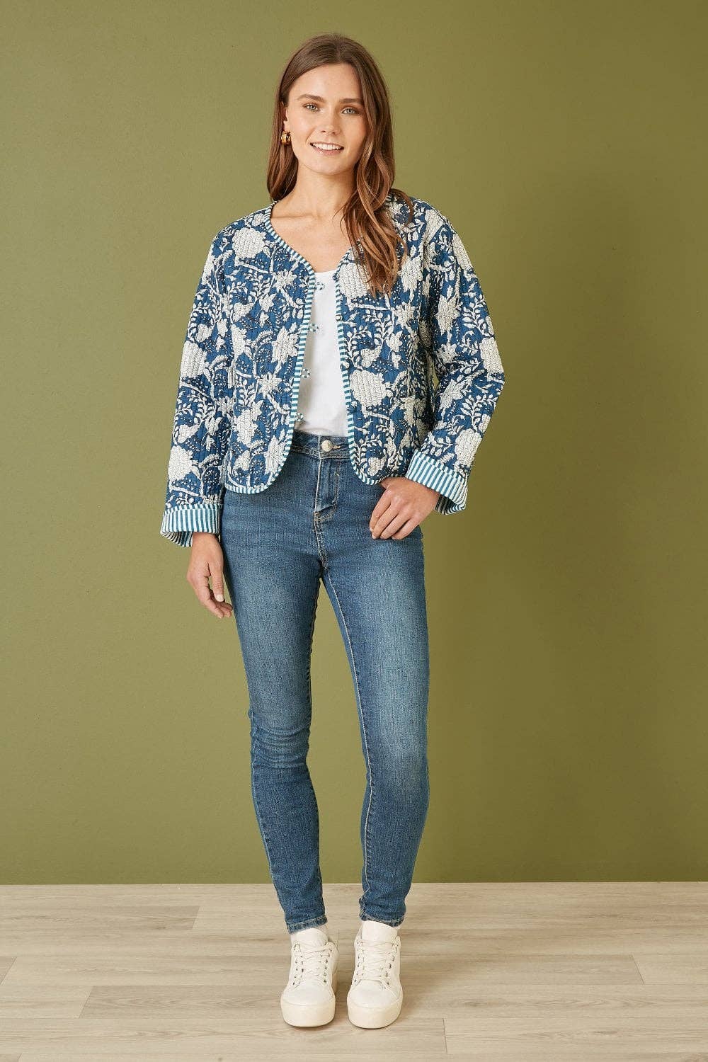 Yumi Blue Patchwork Print Reversible Cotton Quilted Jacket