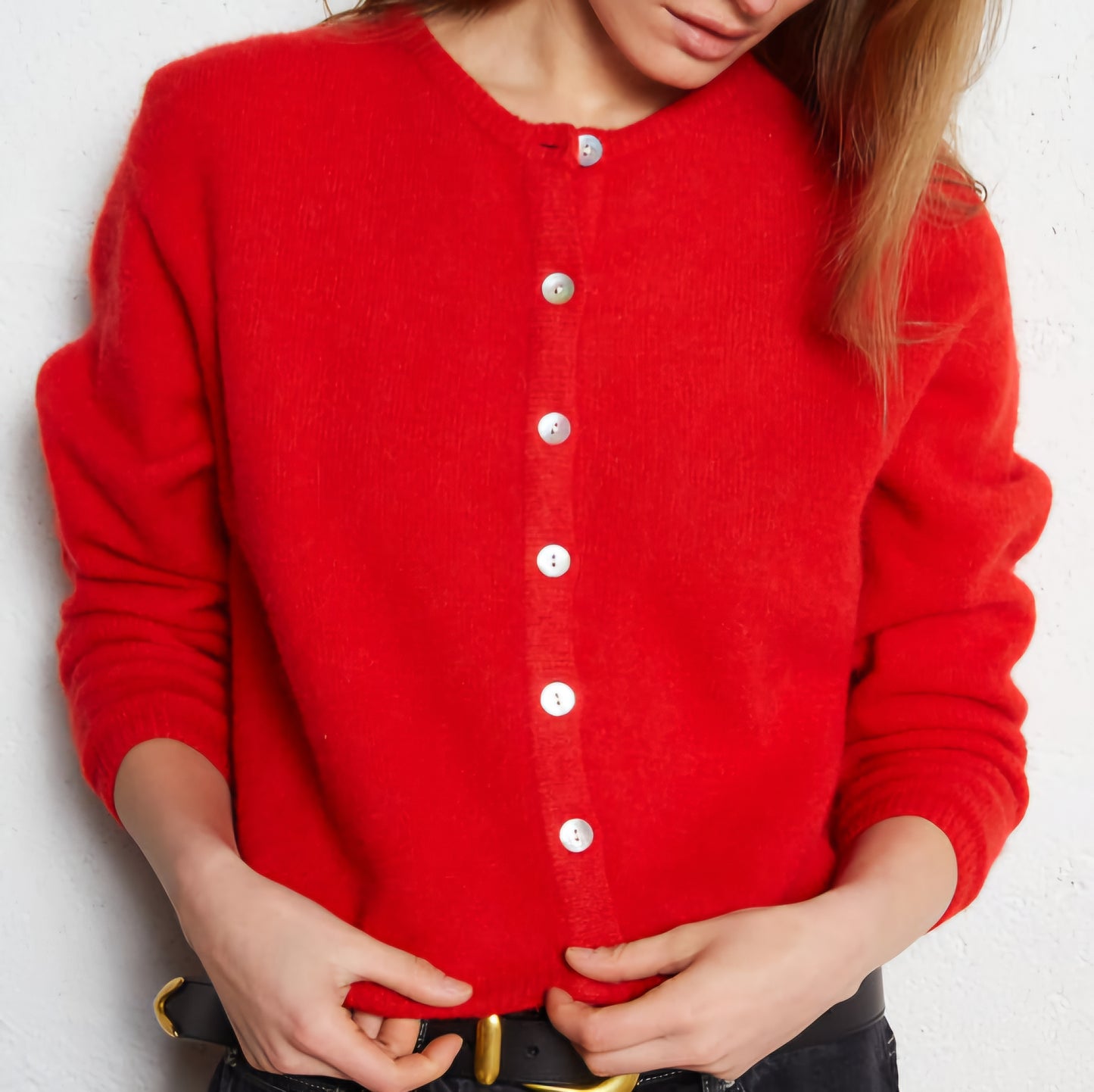 Mohair Long Sleeve Cardi in Red