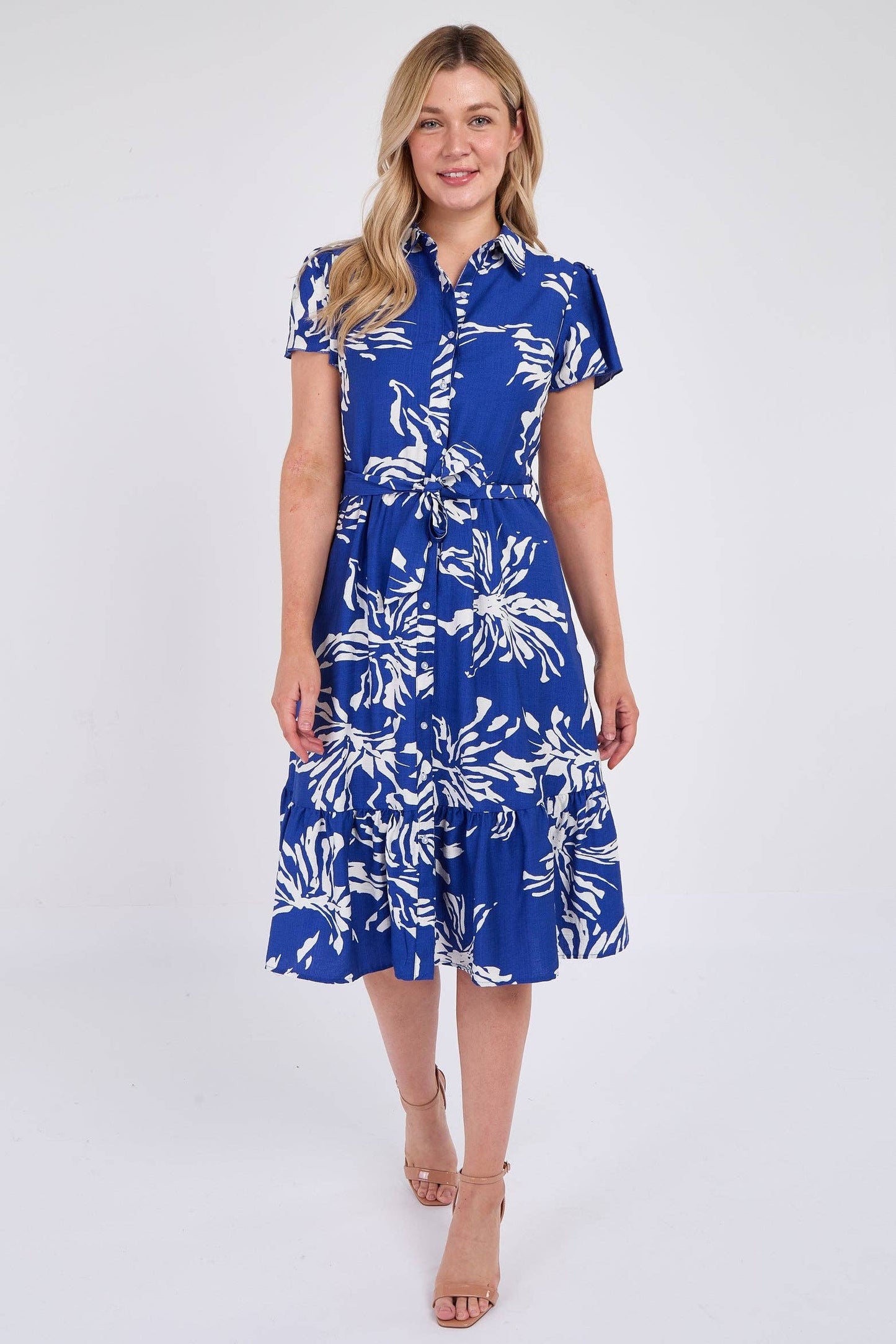Cobalt Floral Print Frilled Hem Midi Dress