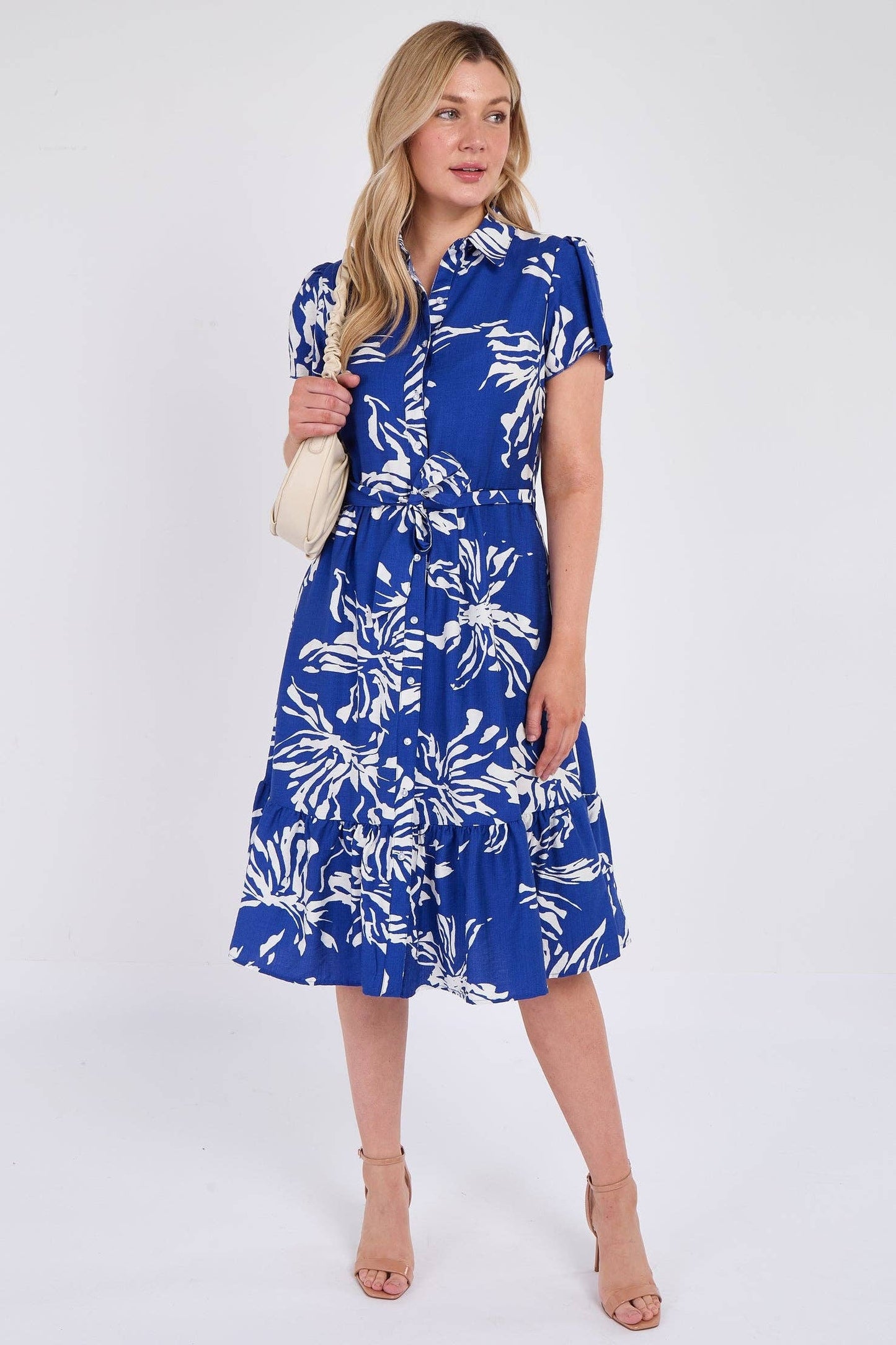 Cobalt Floral Print Frilled Hem Midi Dress