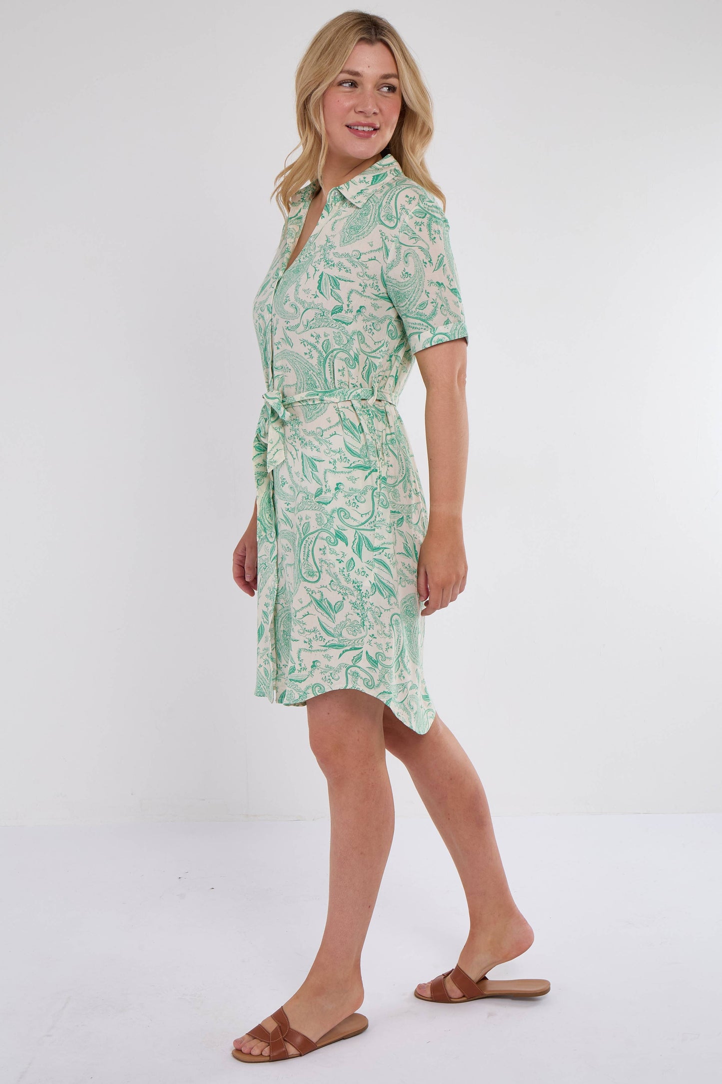 Green Paisley Print Short Sleeve Mini Shirt Dress