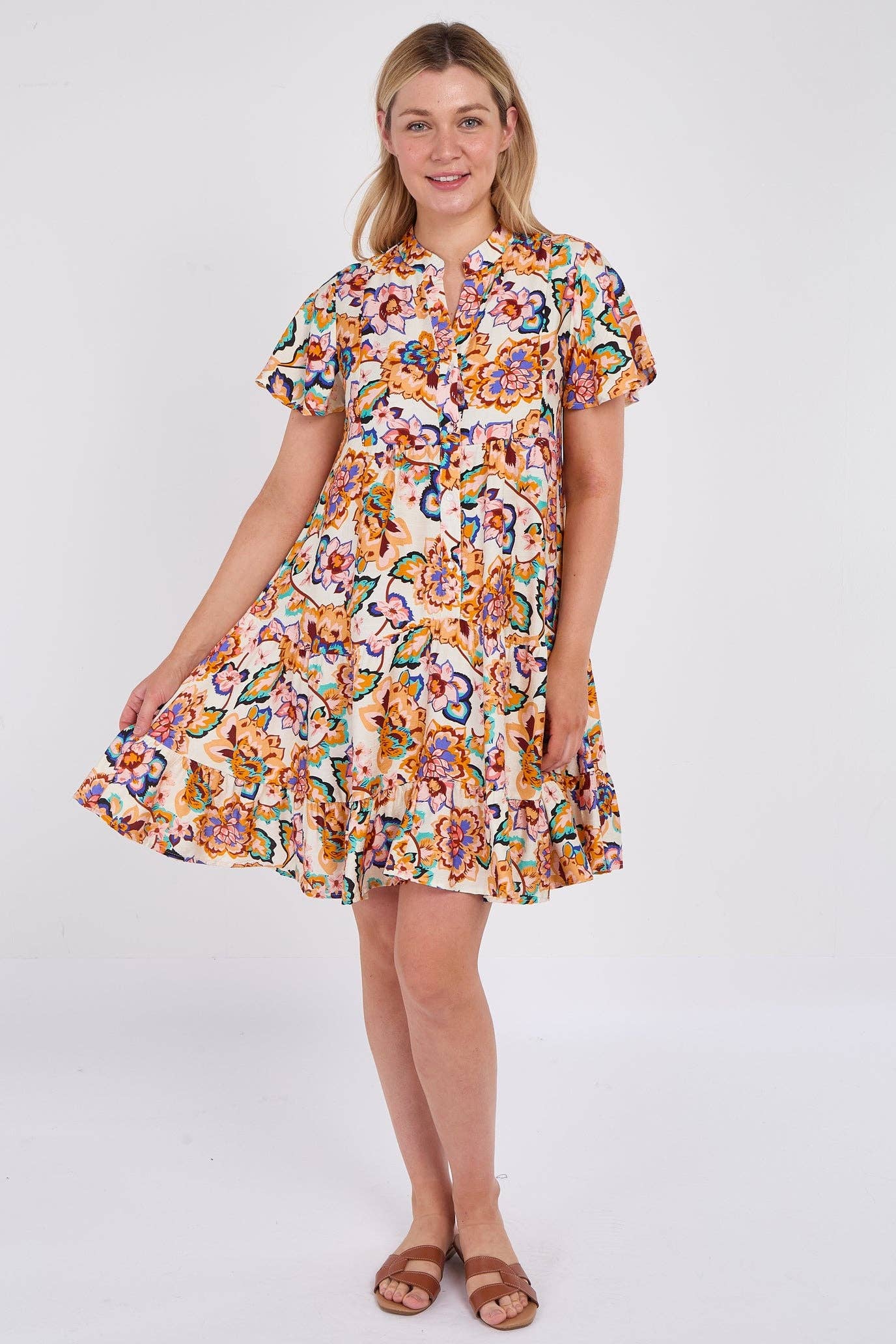 White Bloom Print Ruffle Hem Mini Shirt Dress
