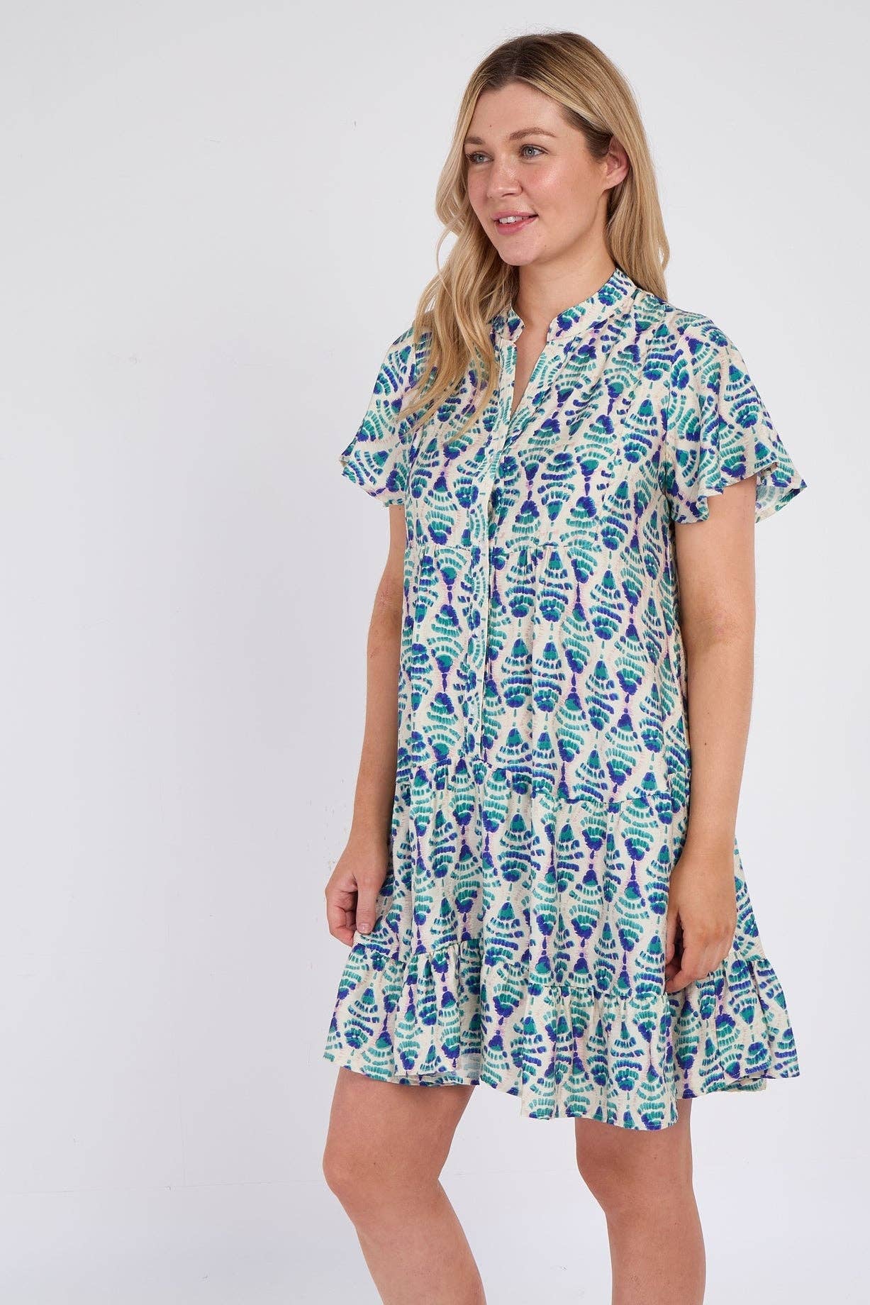 Teal Patterned Print Ruffle Hem Mini Dress