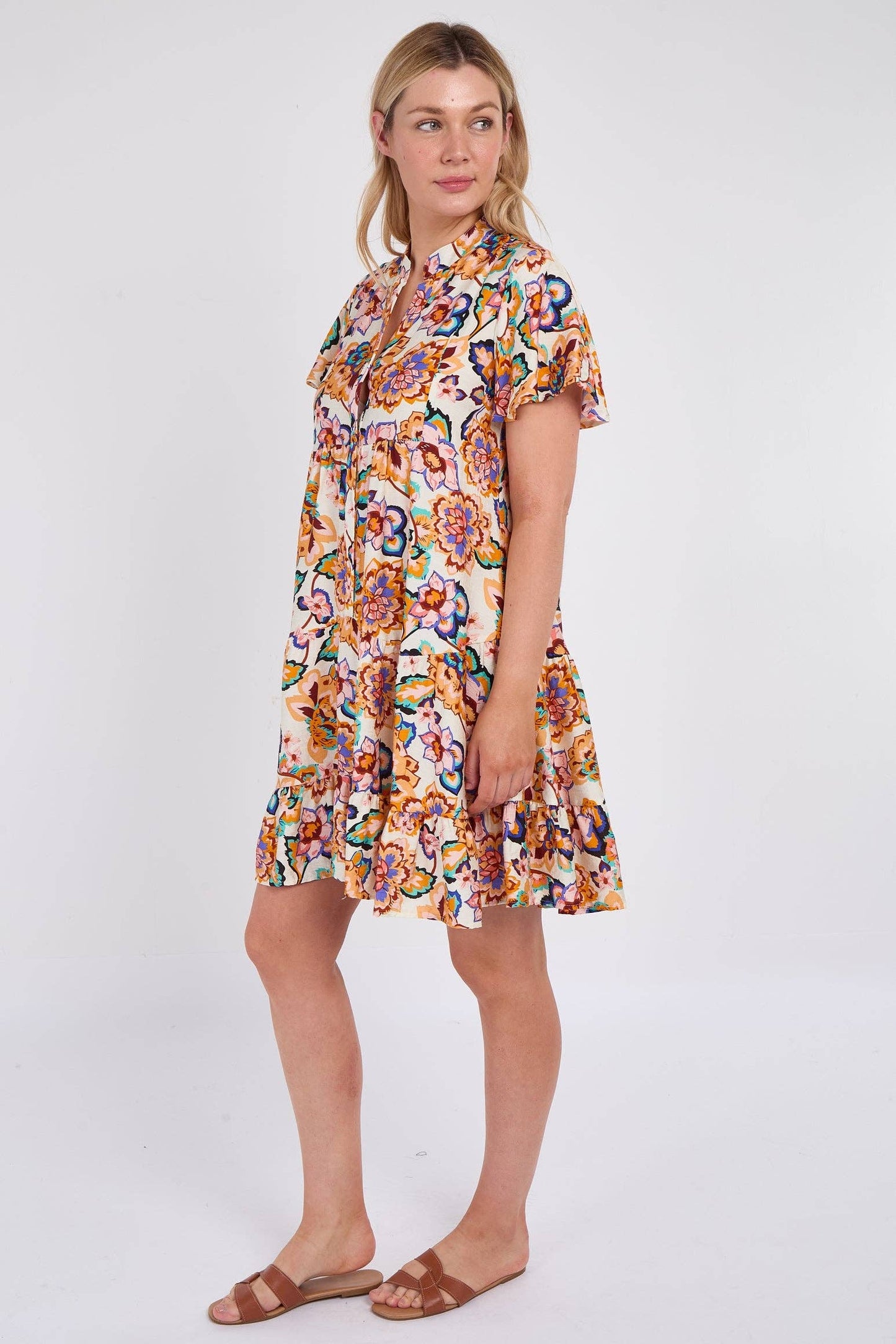 White Bloom Print Ruffle Hem Mini Shirt Dress