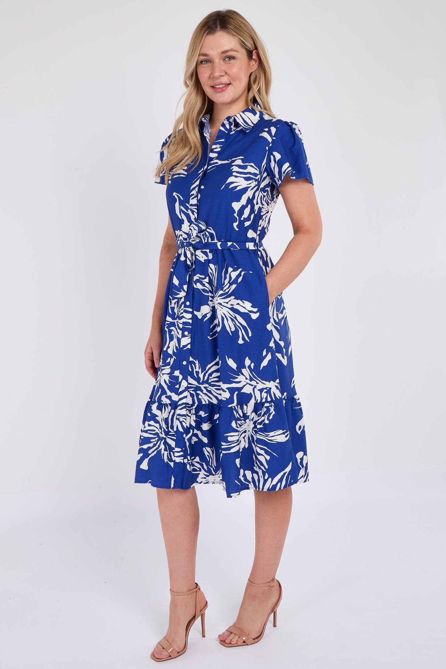 Cobalt Floral Print Frilled Hem Midi Dress