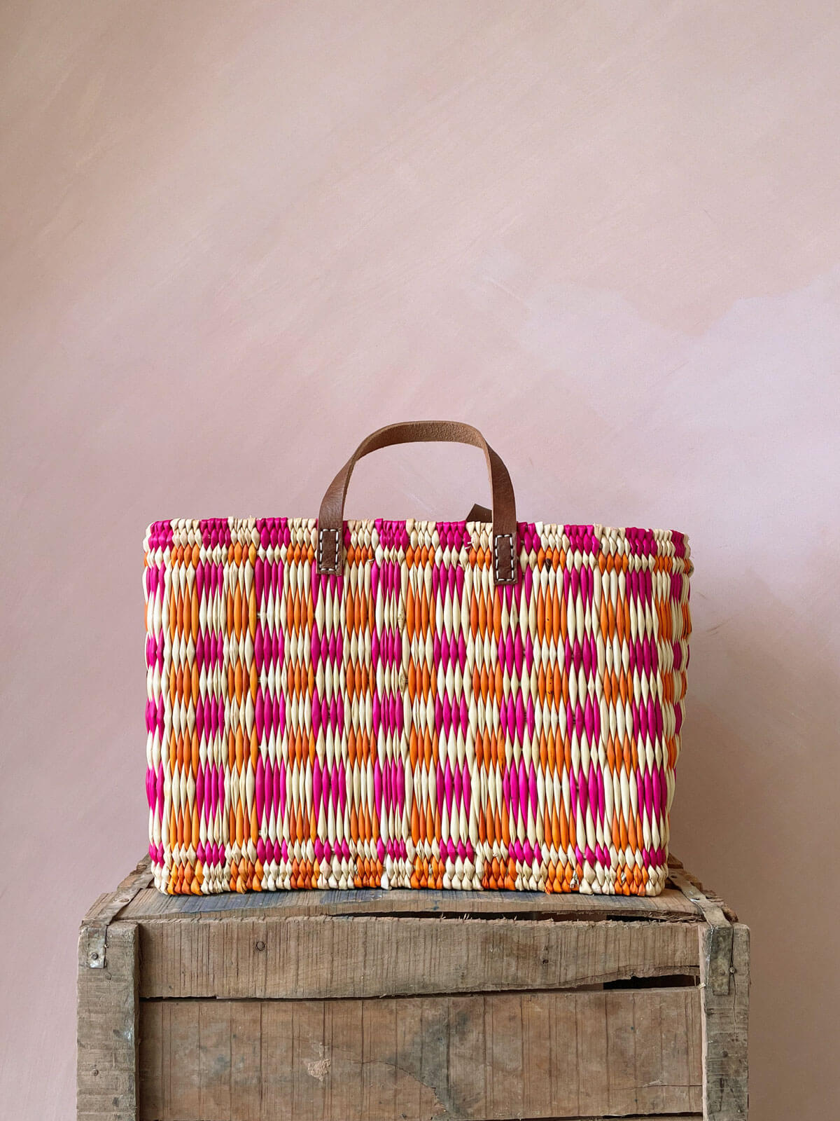 Bohemia Medium Chequered Reed Basket - Pink & Orange