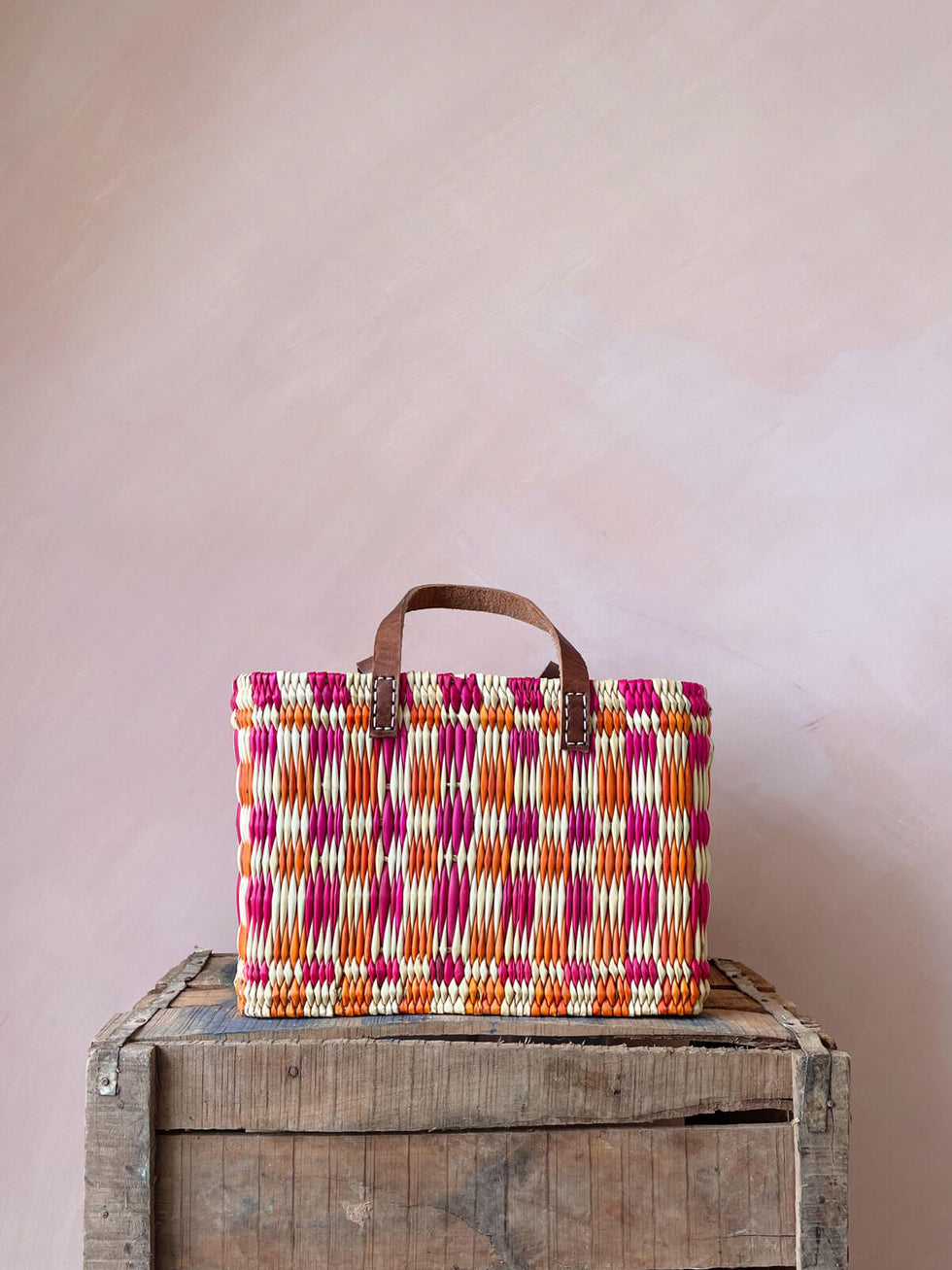 Bohemia Small Chequered Reed Basket - Pink & Orange