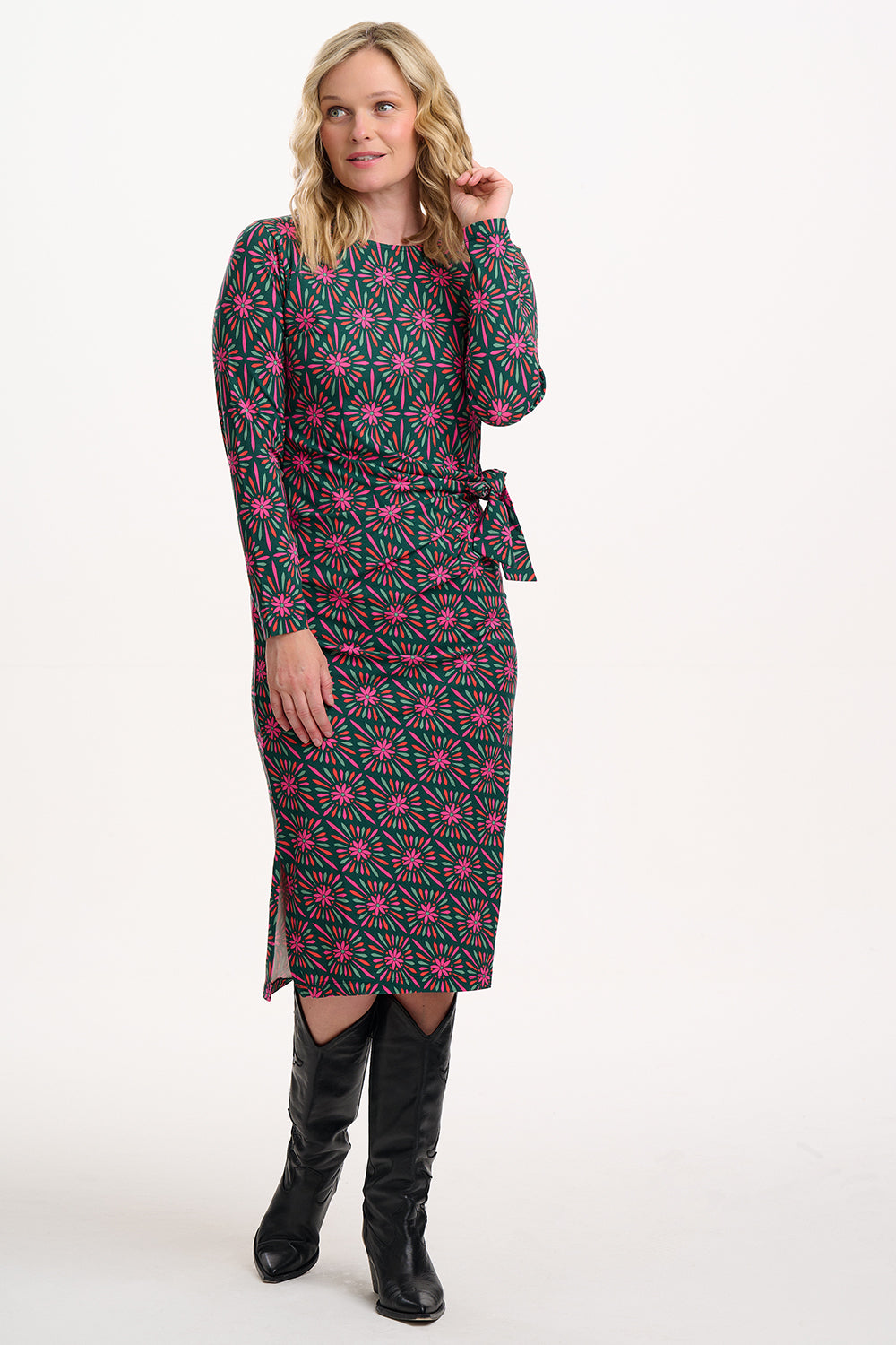 Sugarhill Brighton Claudia Multi Flower Explosion Jersey Tie Midi Dress