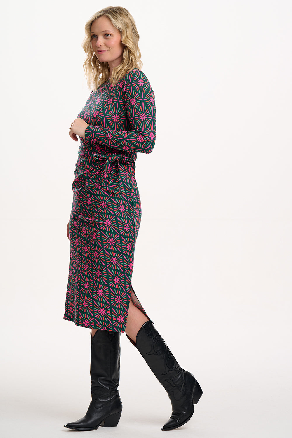 Sugarhill Brighton Claudia Multi Flower Explosion Jersey Tie Midi Dress