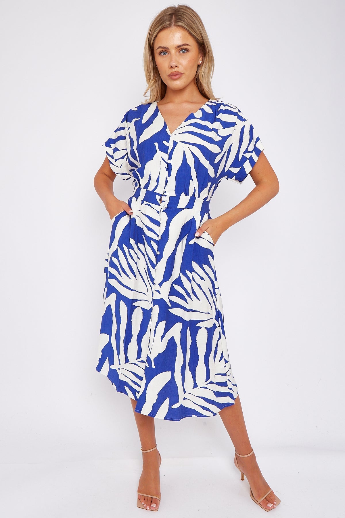 Cobalt Leaf Print Short Sleeve V Neck Midi Dress