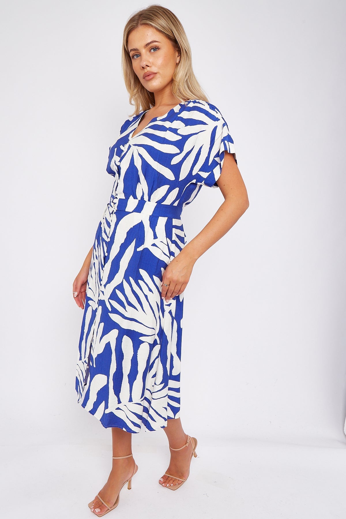 Cobalt Leaf Print Short Sleeve V Neck Midi Dress