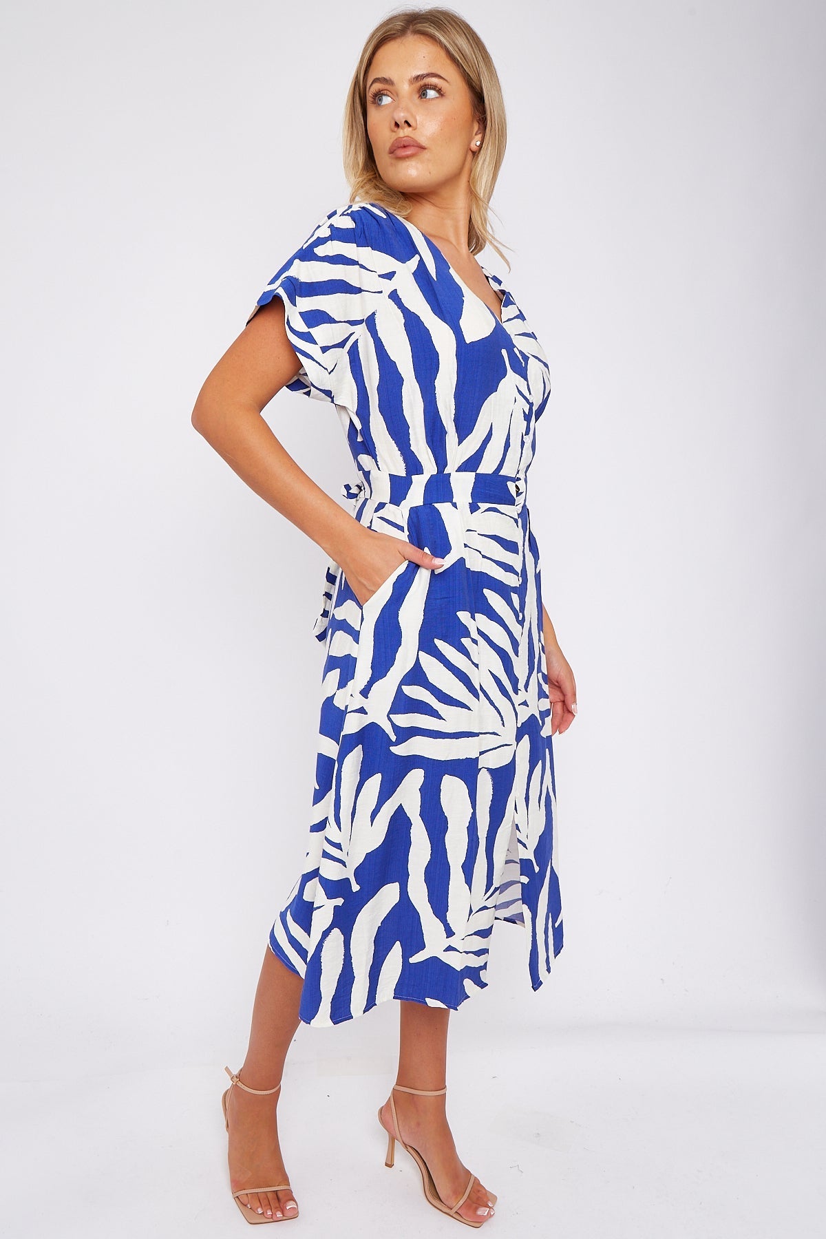 Cobalt Leaf Print Short Sleeve V Neck Midi Dress