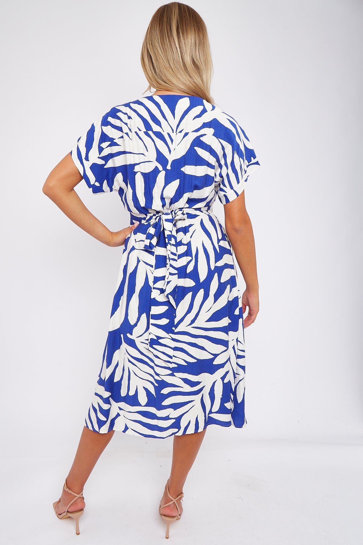 Cobalt Leaf Print Short Sleeve V Neck Midi Dress