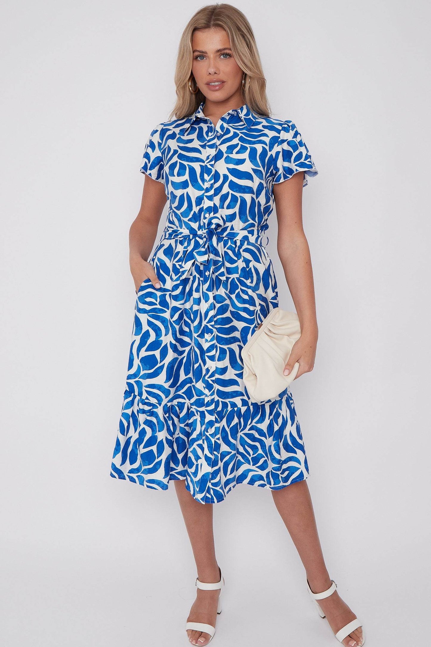 Cobalt Printed Frilled Hem Midi Dress