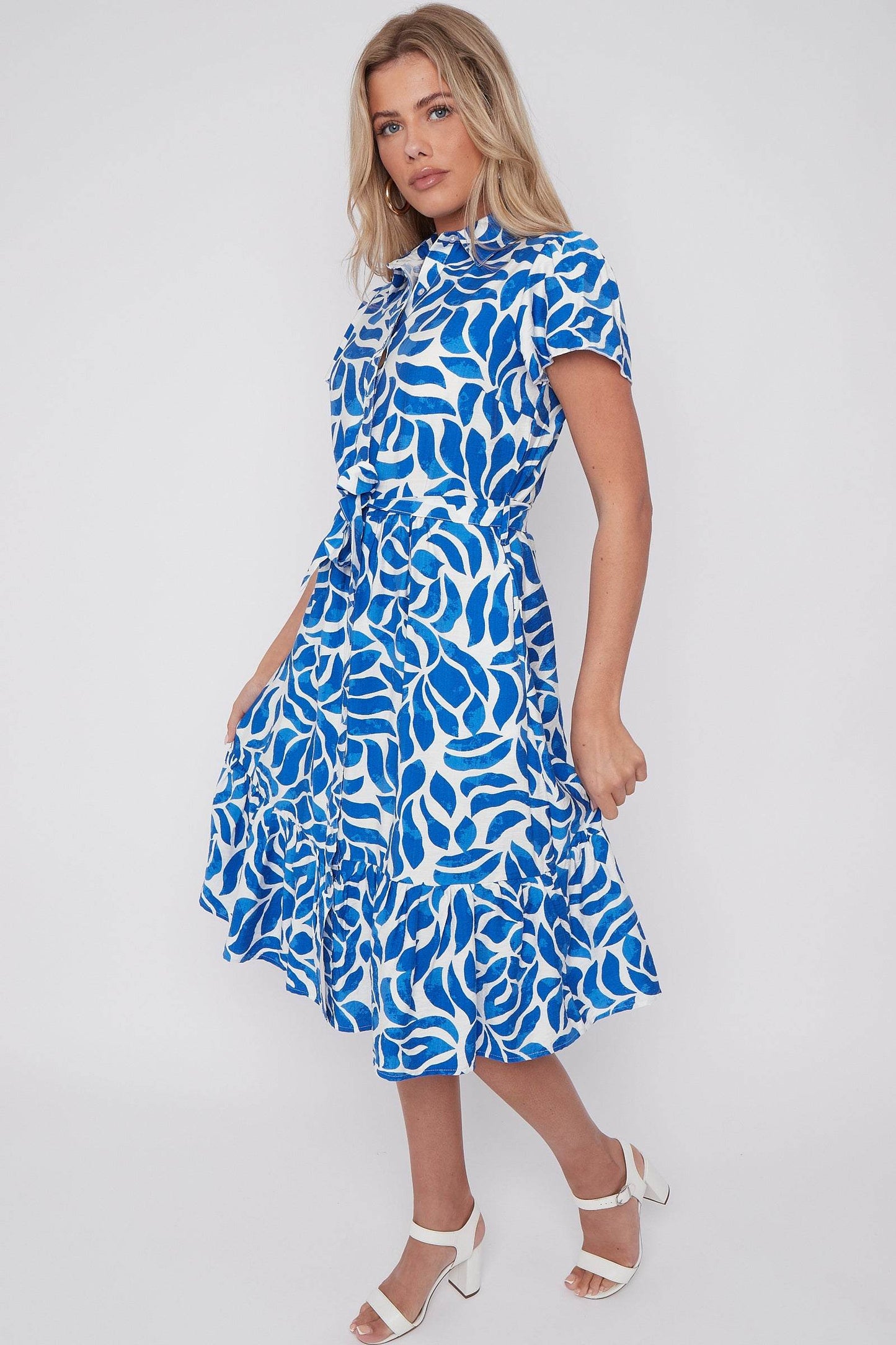Cobalt Printed Frilled Hem Midi Dress