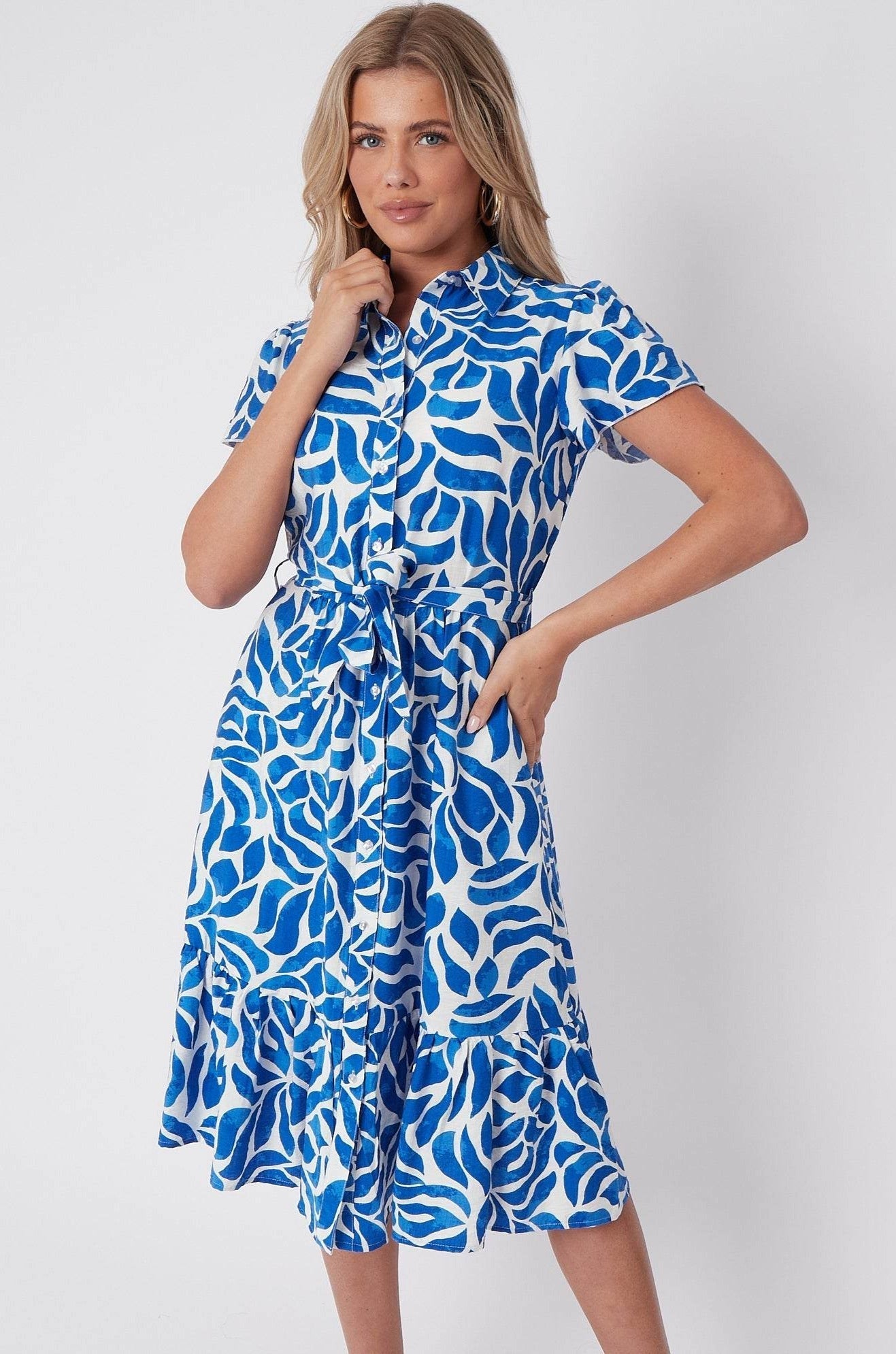 Cobalt Printed Frilled Hem Midi Dress